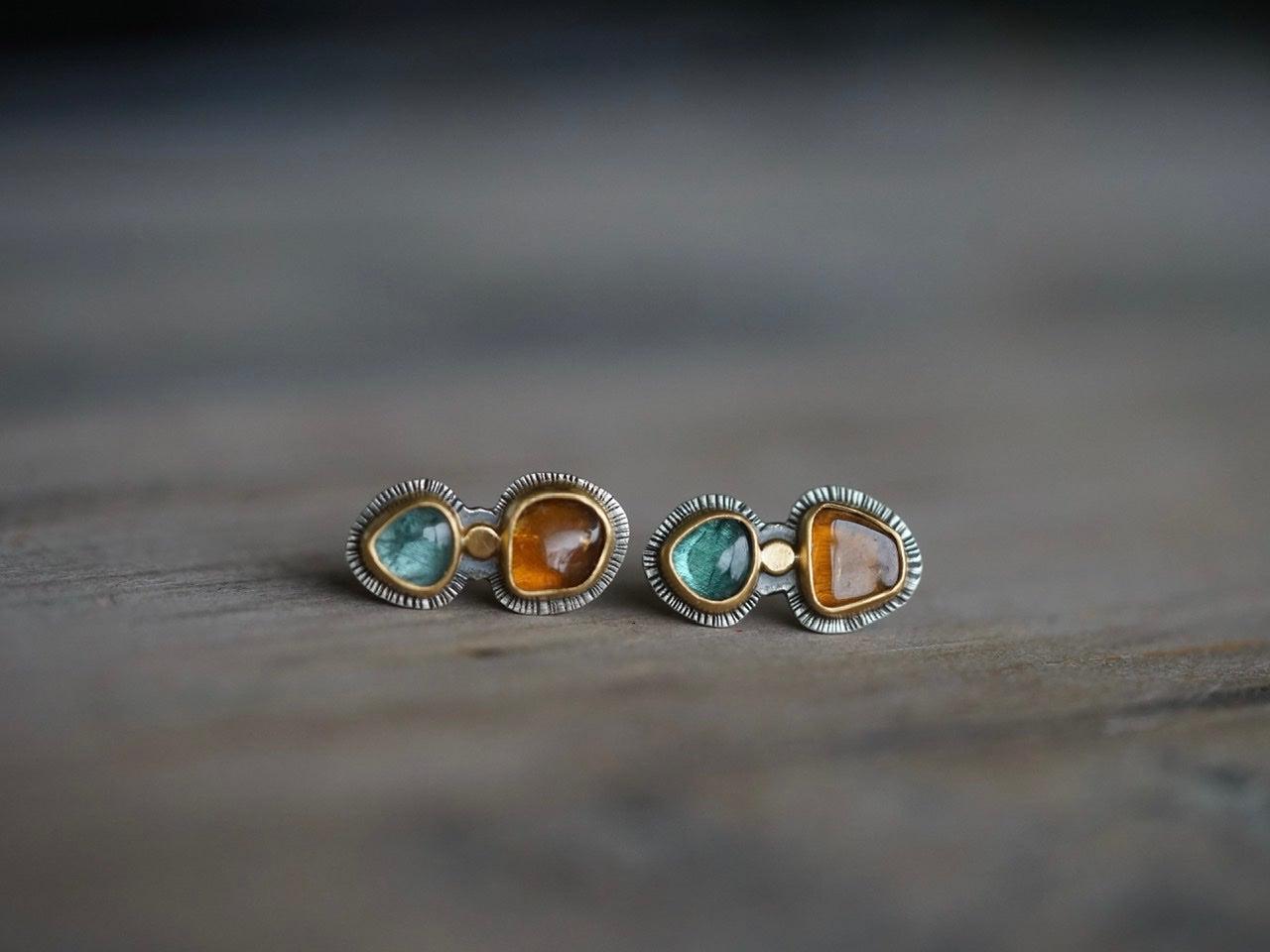 Teal and ochre tourmaline in 22k gold post earrings