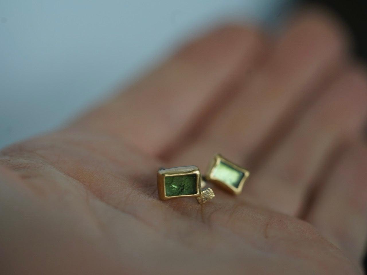 Small green tourmaline and 22k gold post earrings