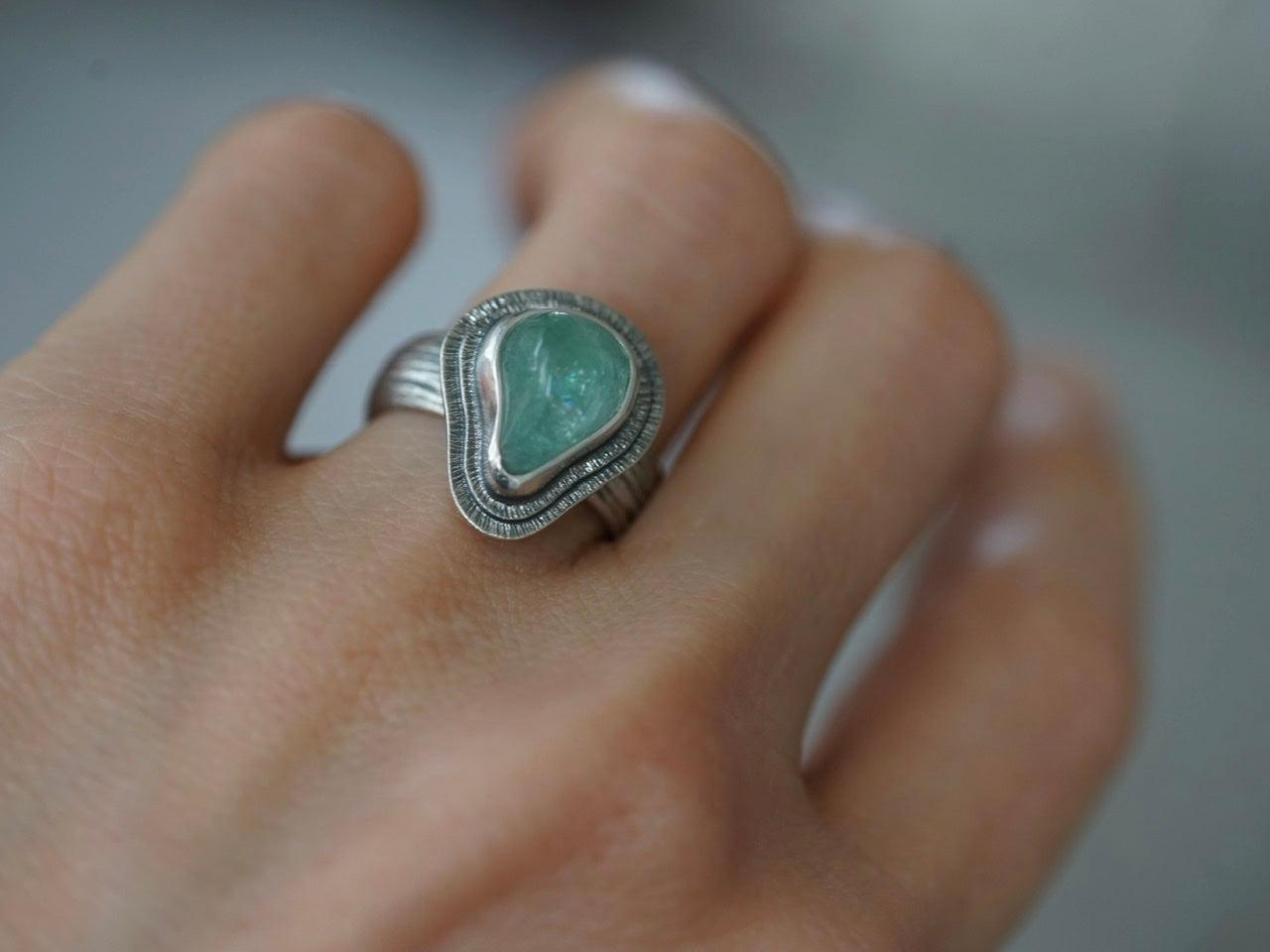 Carved aqua blue tourmaline ring, size 6.75