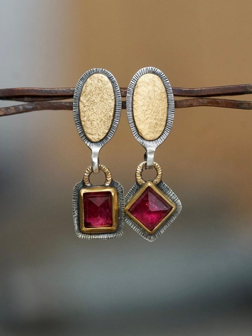 Asymmetrical pink tourmaline and 218K gold earrings