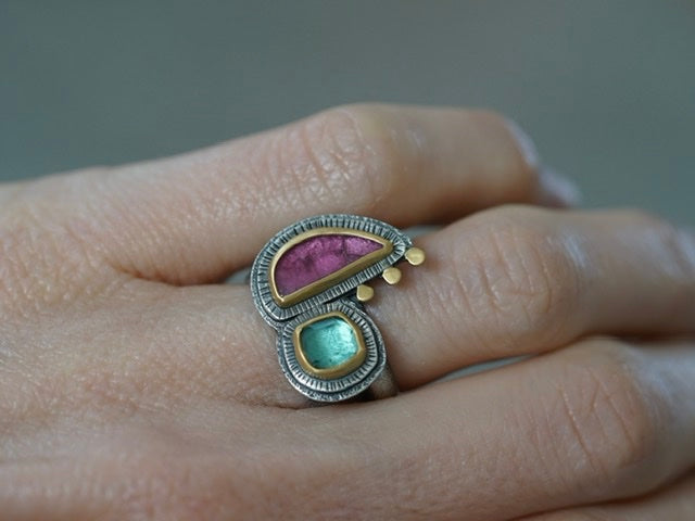 Exquisite pink and aqua blue tourmaline statement ring, size 6