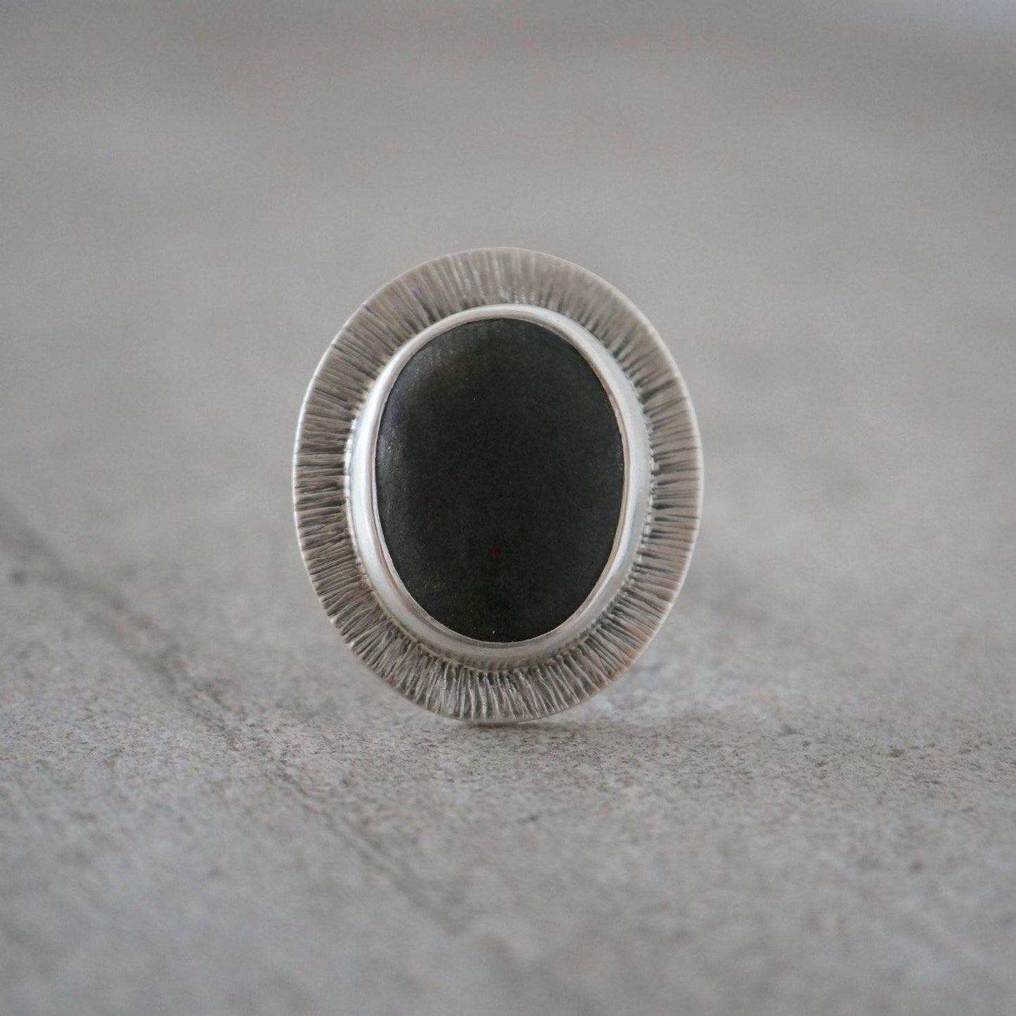 Dark grey beach pebble statement ring, US size 7.5