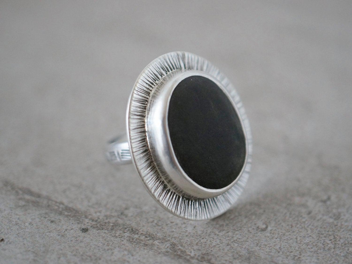 Dark grey beach pebble statement ring, US size 7.5