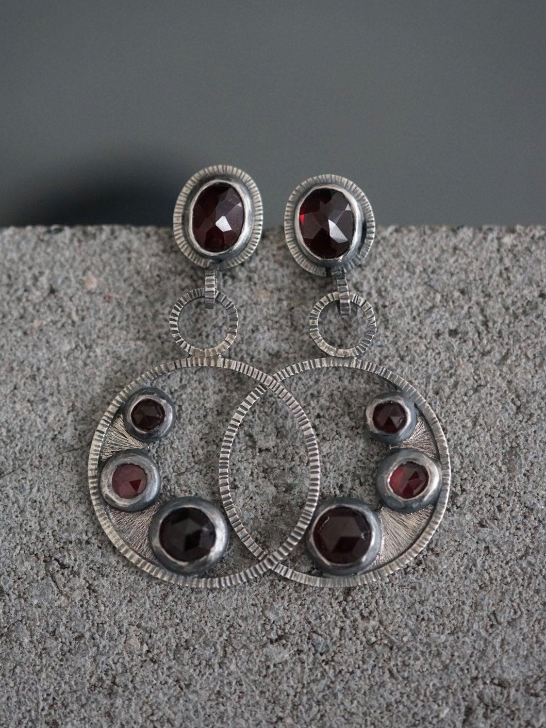 Dangly garnet cluster earrings sterling earrings