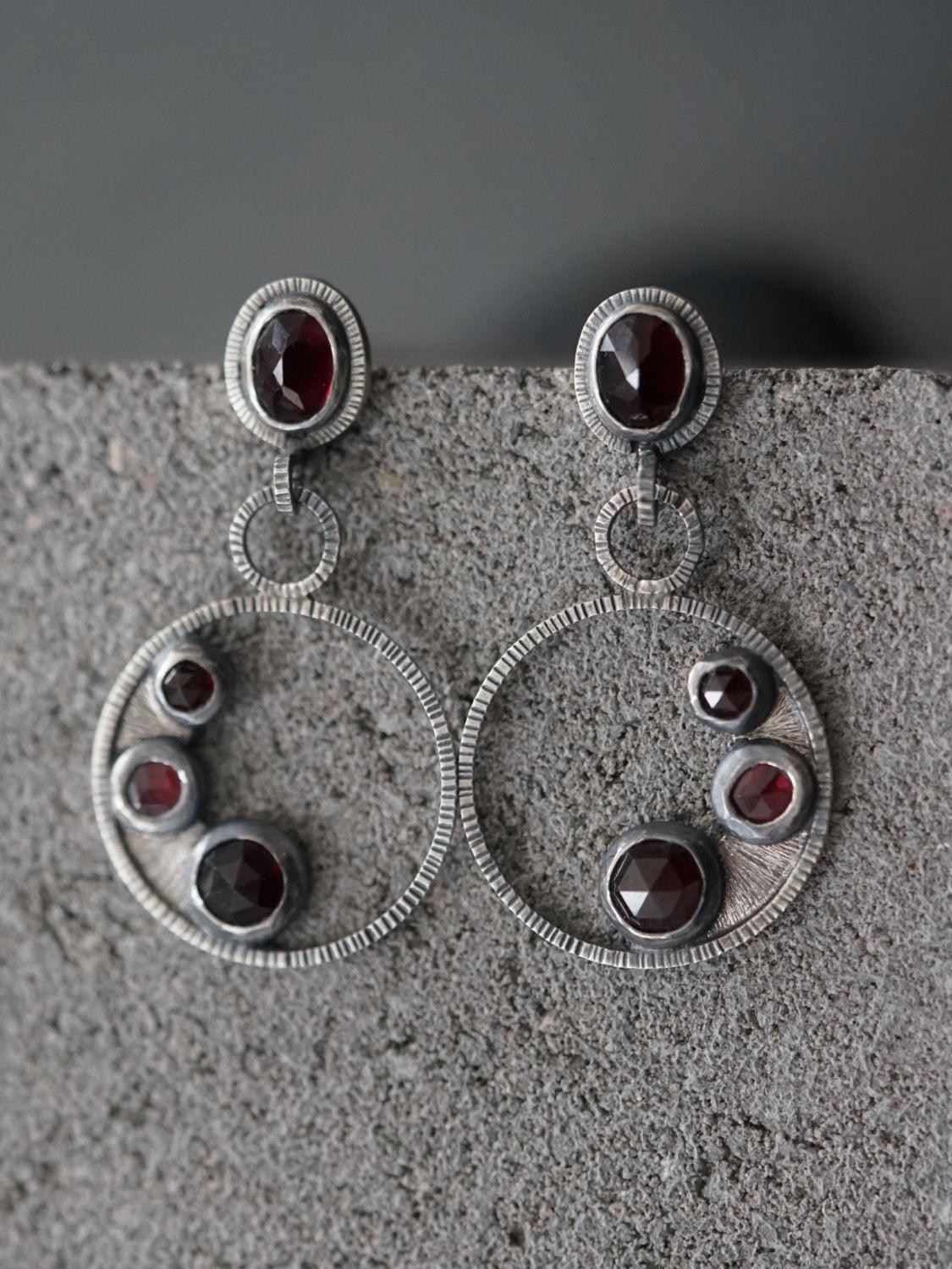 Dangly garnet cluster earrings sterling earrings