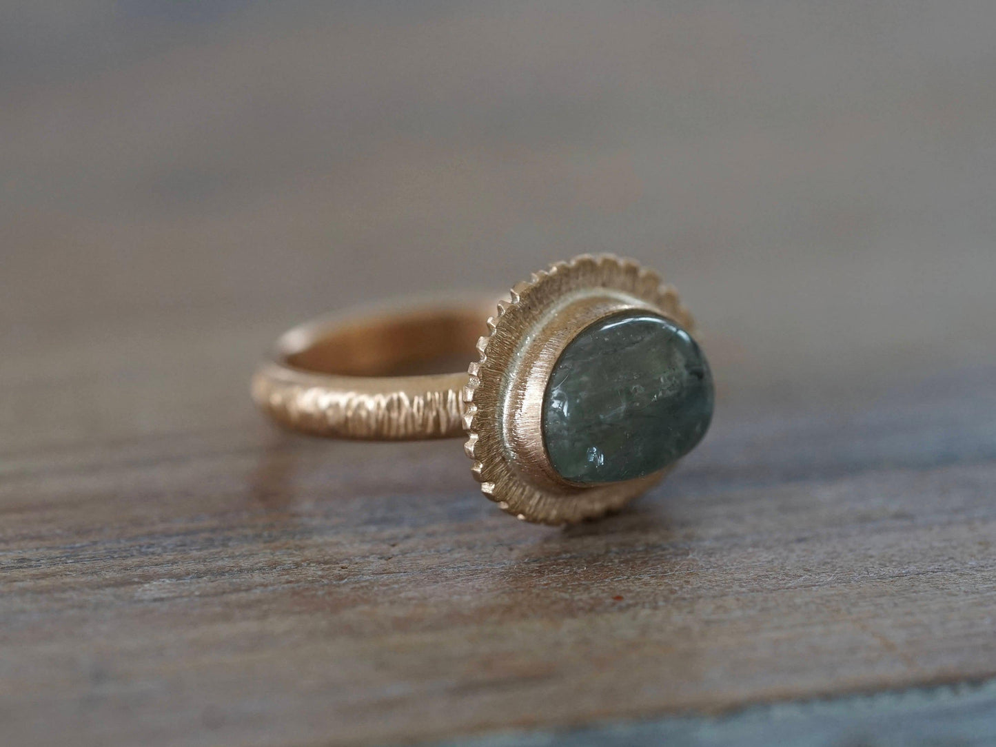 Bronze and aqua green tourmaline ring, size 6.5
