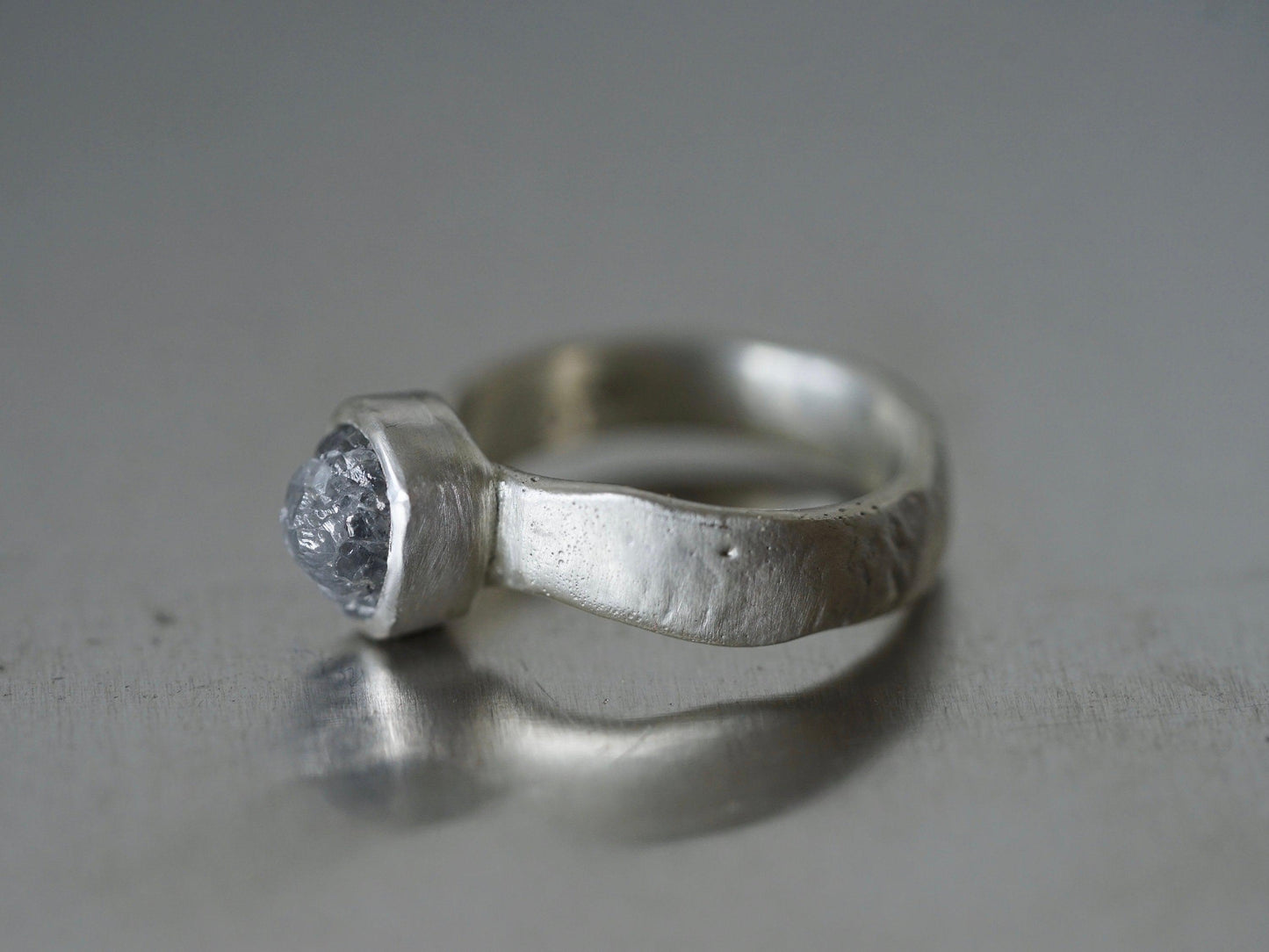 raw grey diamond and sterling silver ring, size 6