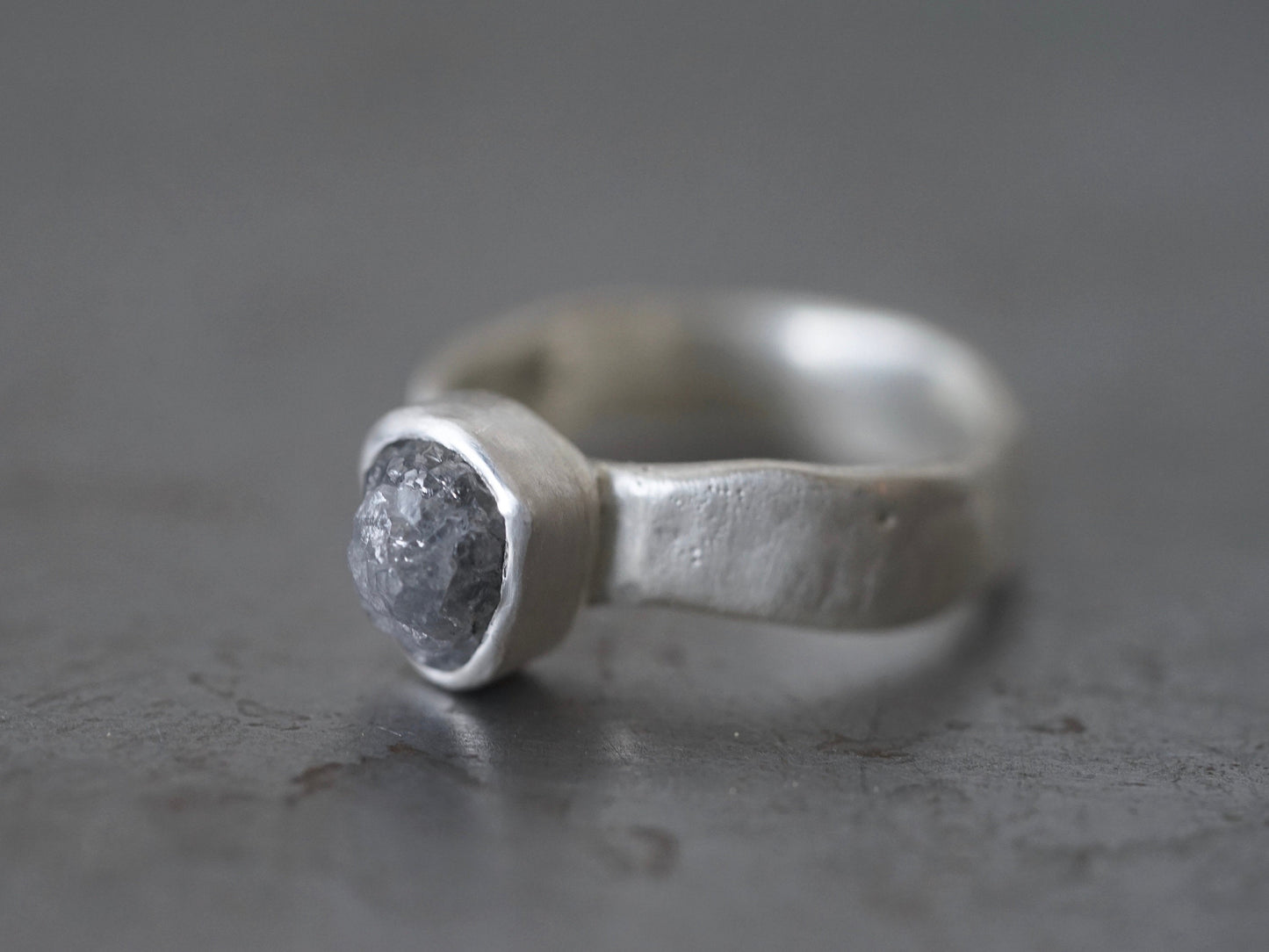 raw grey diamond and sterling silver ring, size 6