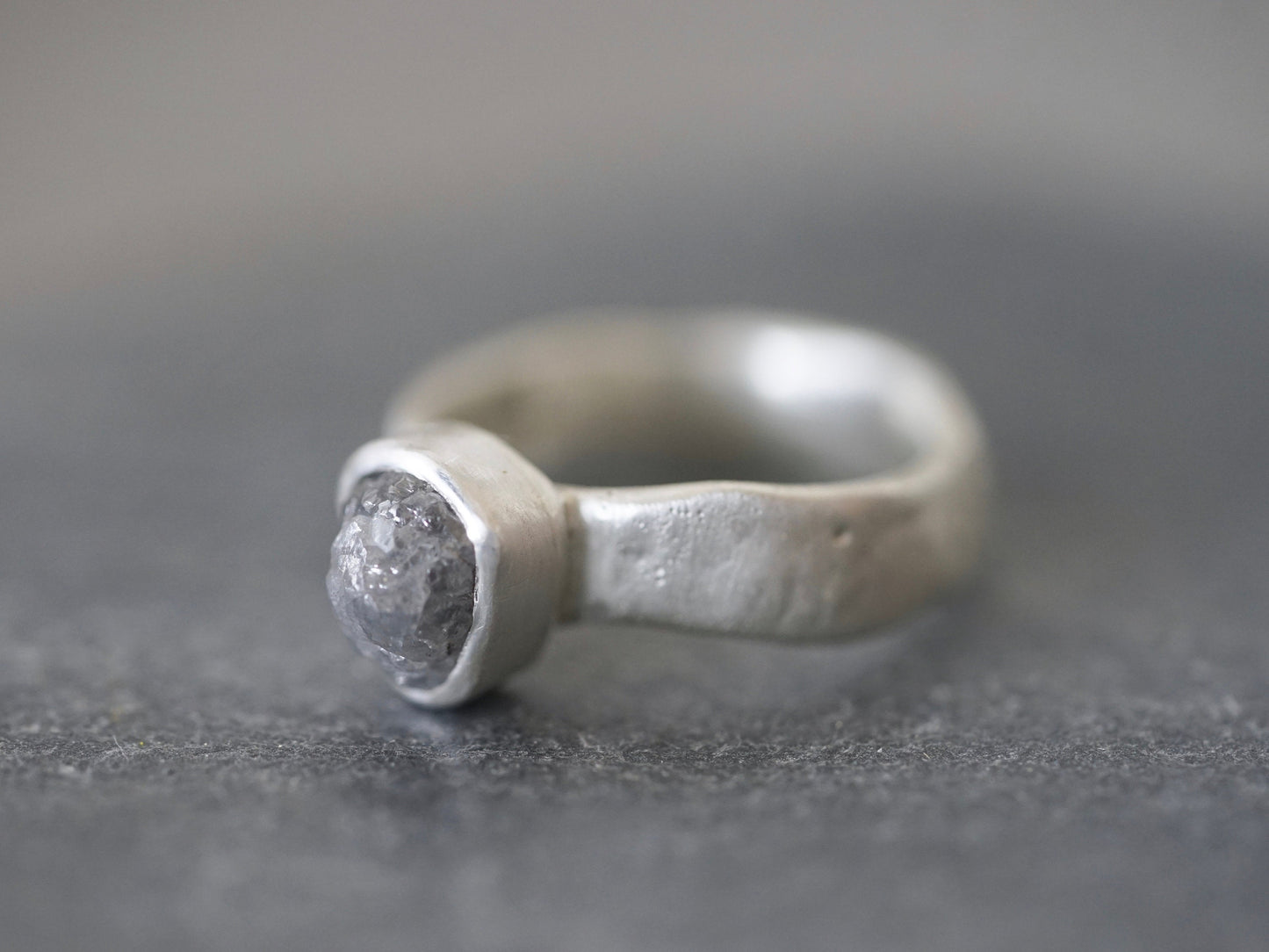 raw grey diamond and sterling silver ring, size 6