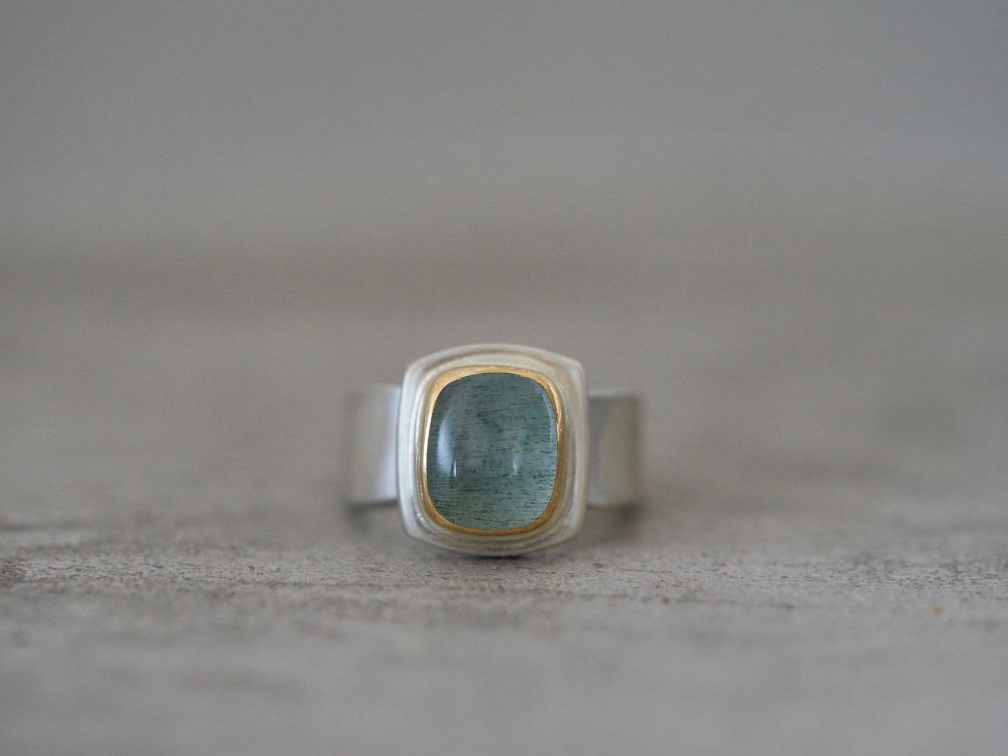 Moss Aquamarine and 22k gold ring, size 7