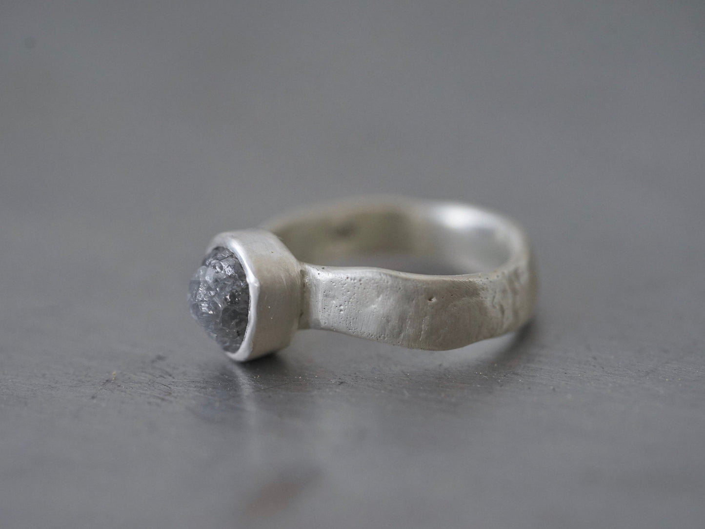 raw grey diamond and sterling silver ring, size 6