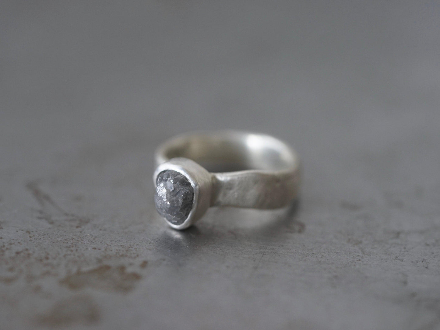 raw grey diamond and sterling silver ring, size 6