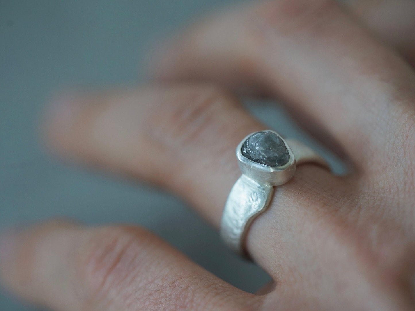 raw grey diamond and sterling silver ring, size 6