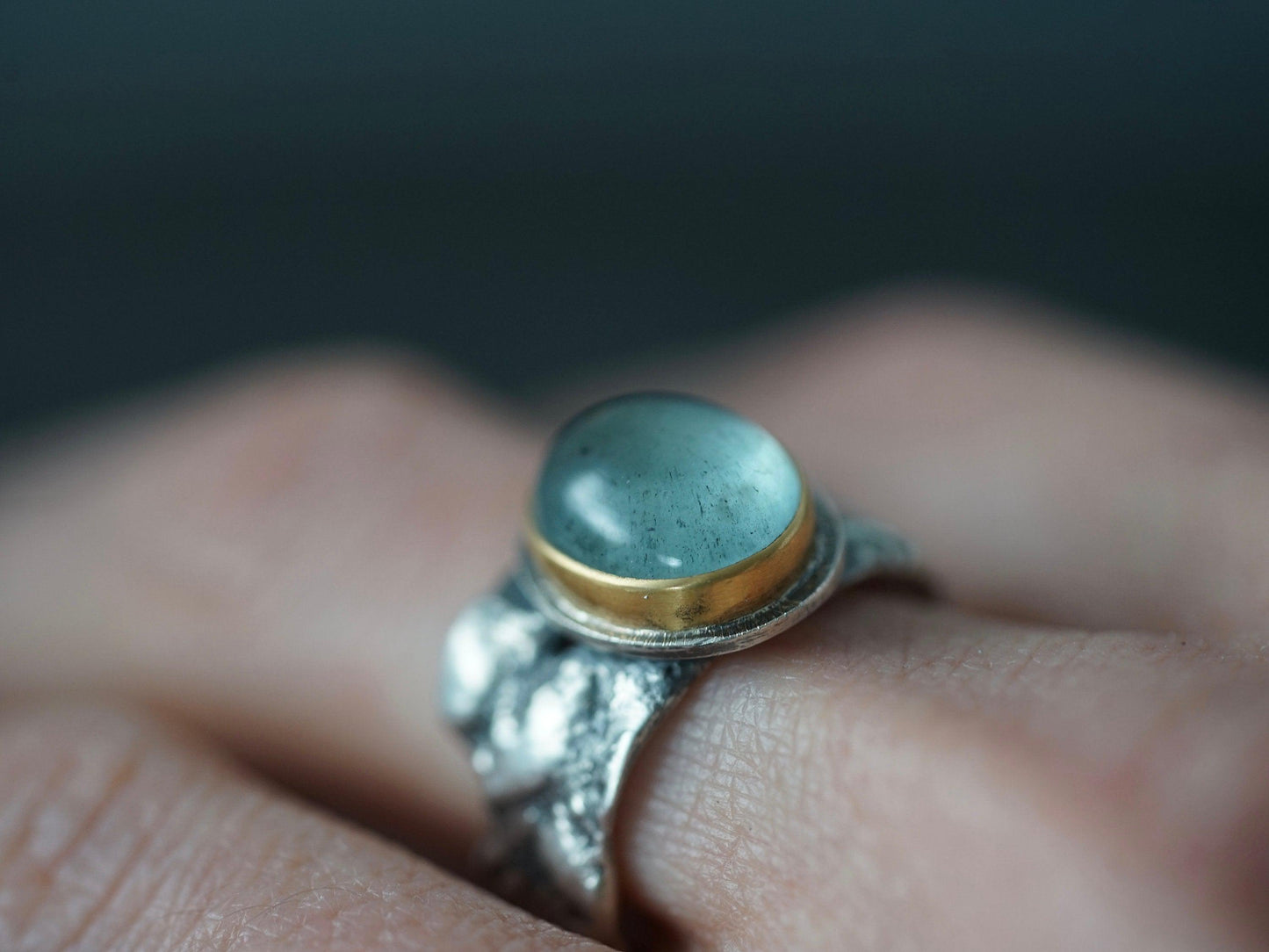 Unique aquamarine and 22k gold statement ring, size 7.75