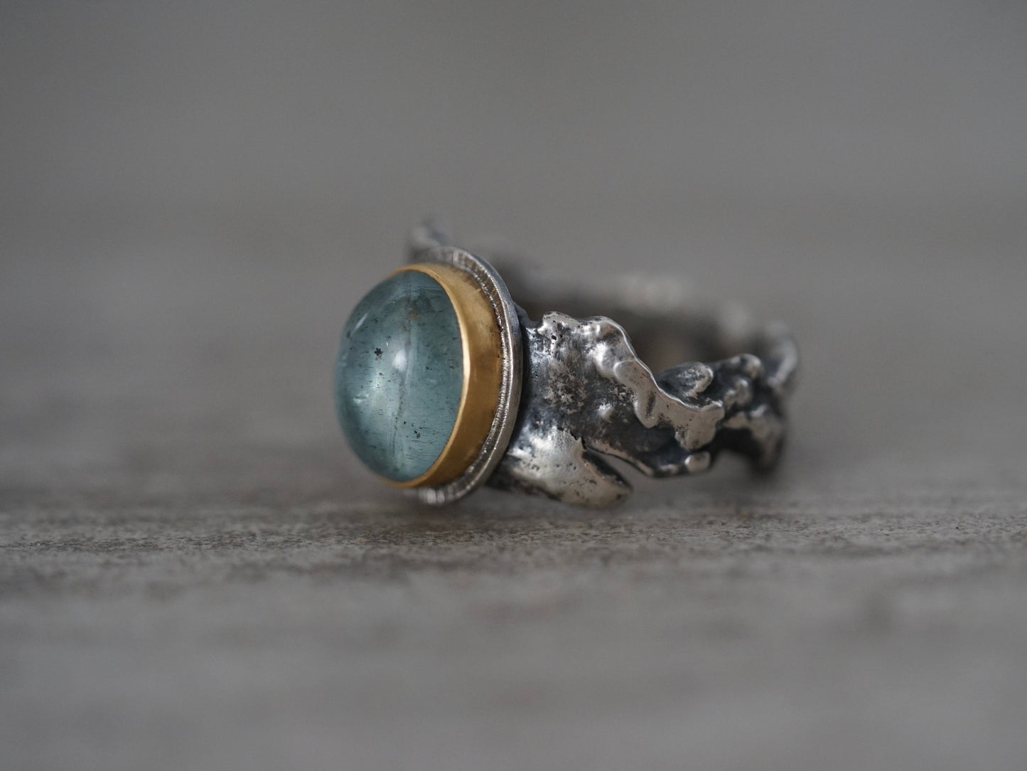 Unique aquamarine and 22k gold statement ring, size 7.75