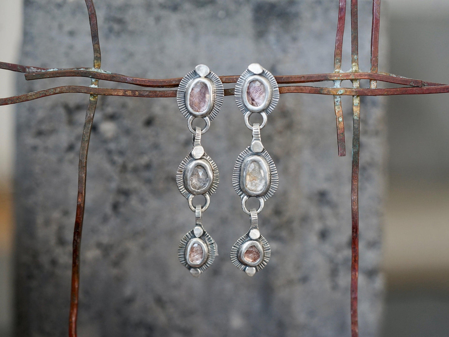 Sterling silver and spinel multistone dangly drop earrings