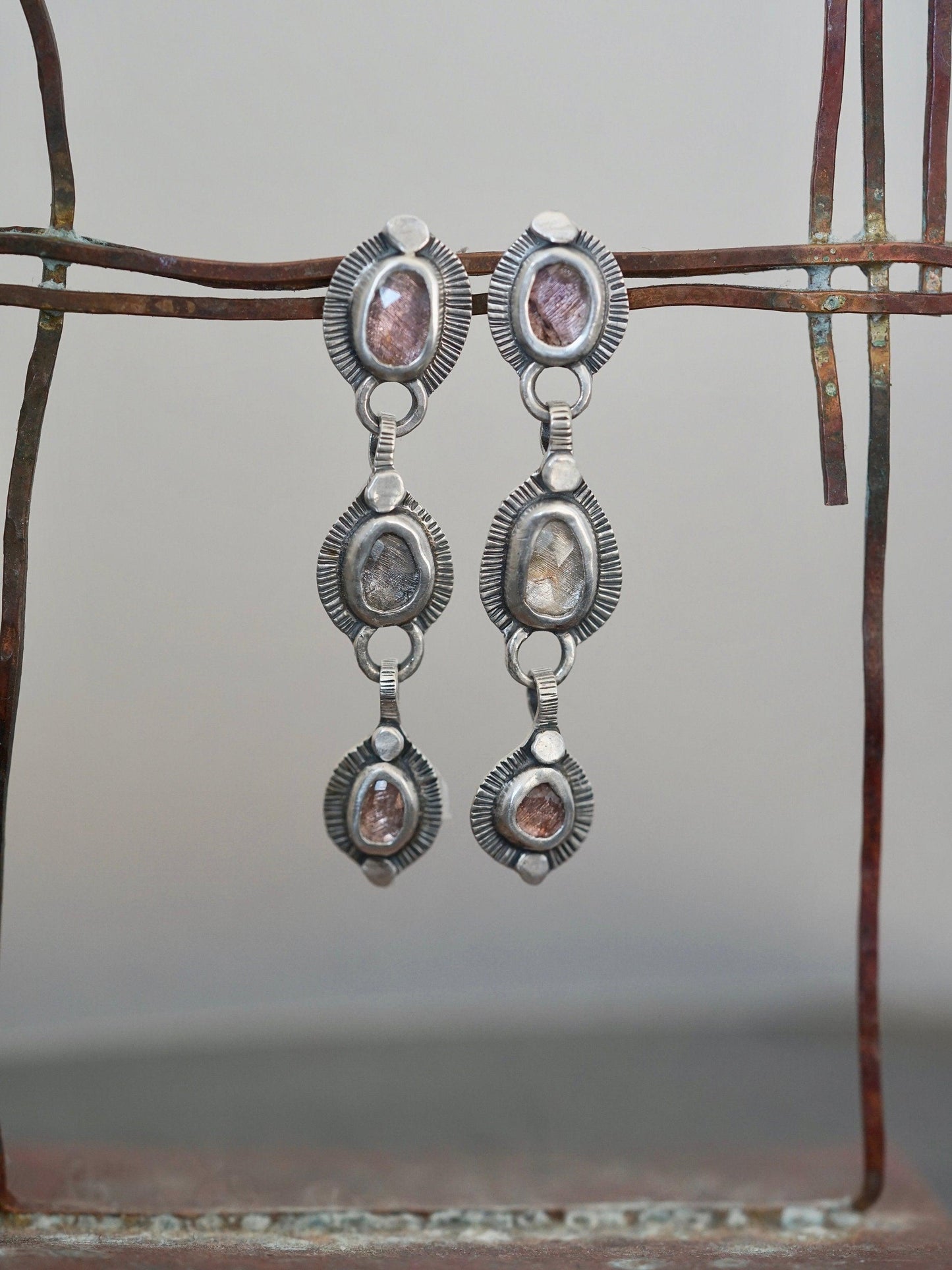 Sterling silver and spinel multistone dangly drop earrings