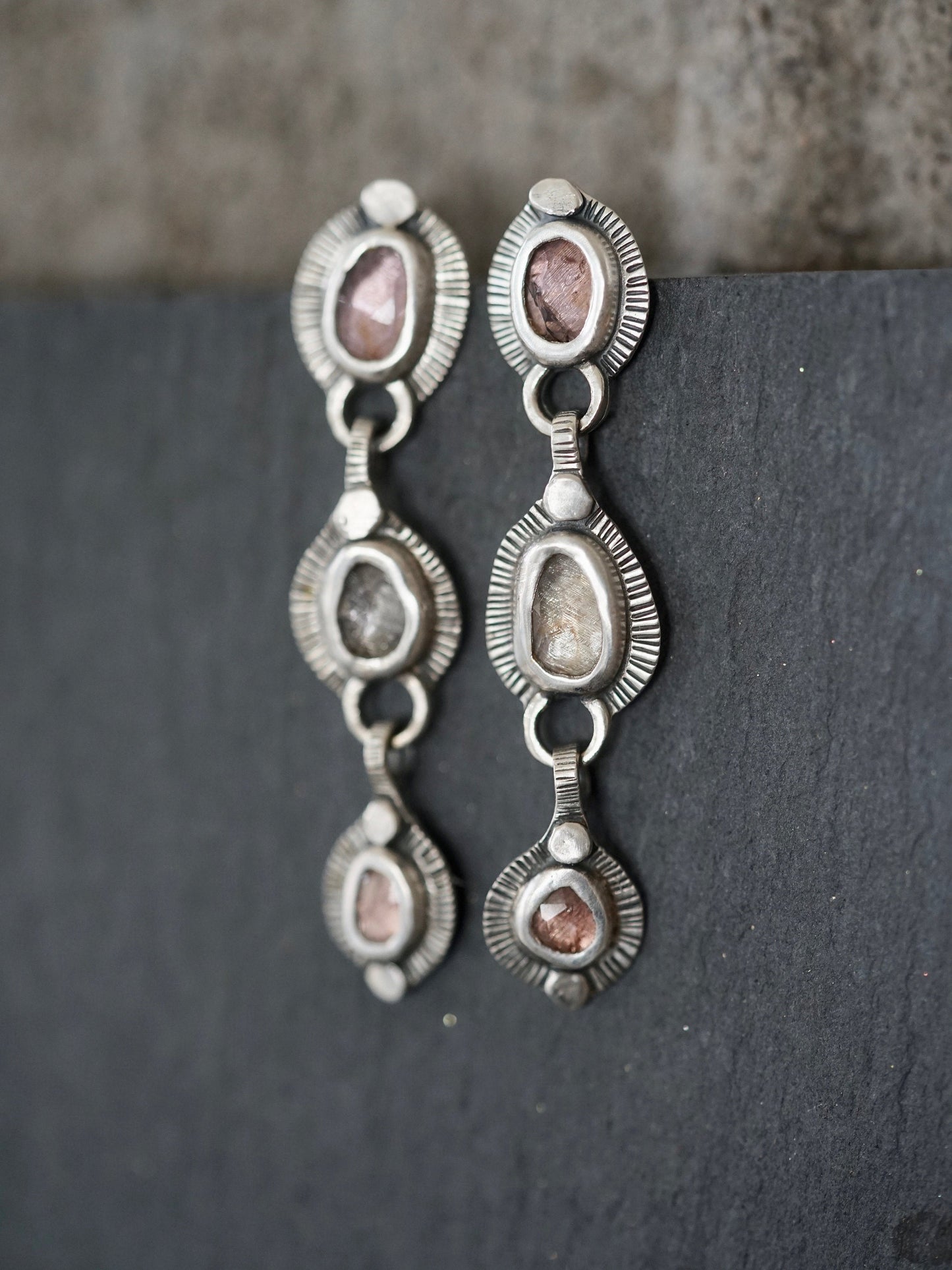 Sterling silver and spinel multistone dangly drop earrings