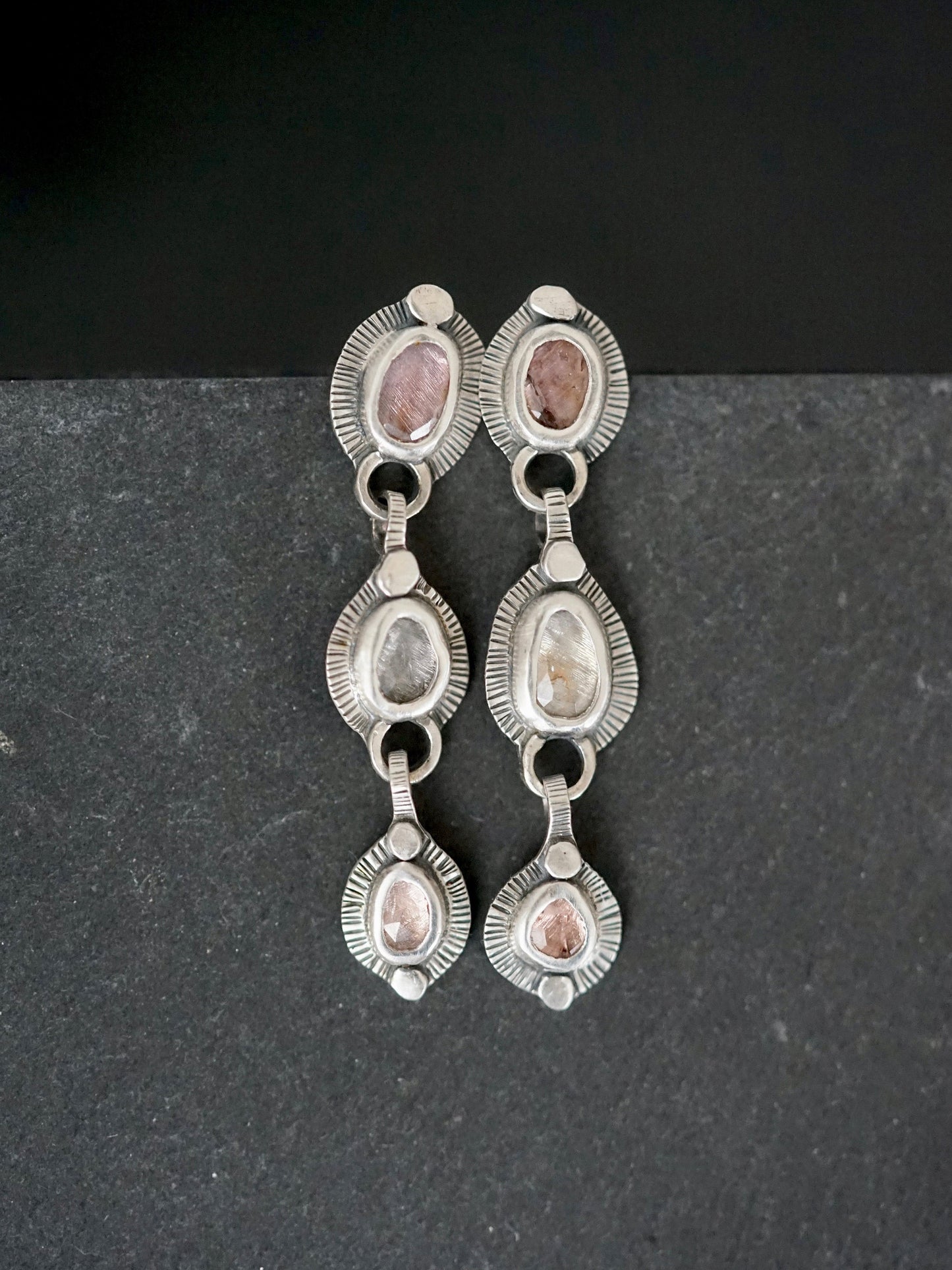 Sterling silver and spinel multistone dangly drop earrings