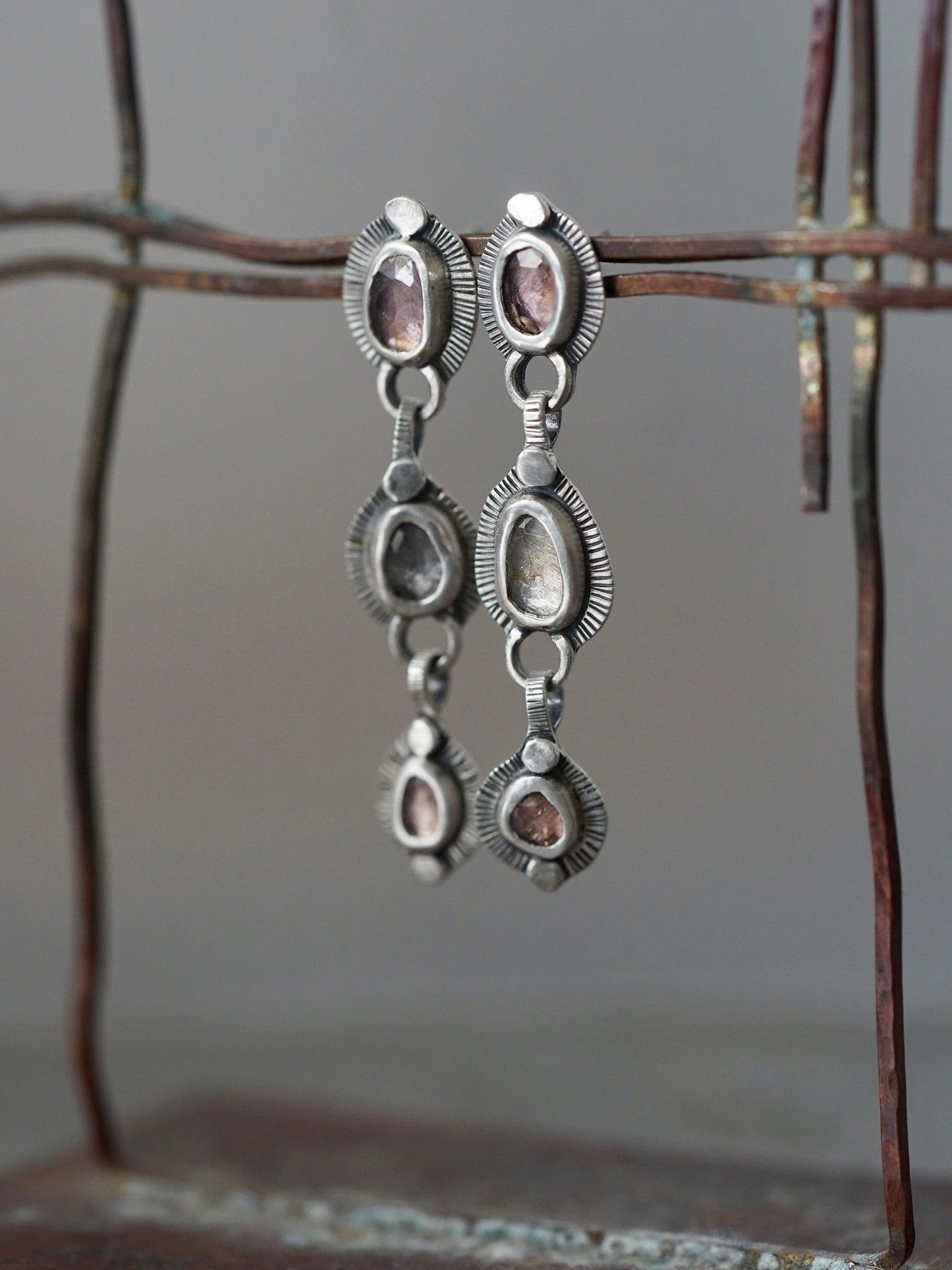 Sterling silver and spinel multistone dangly drop earrings