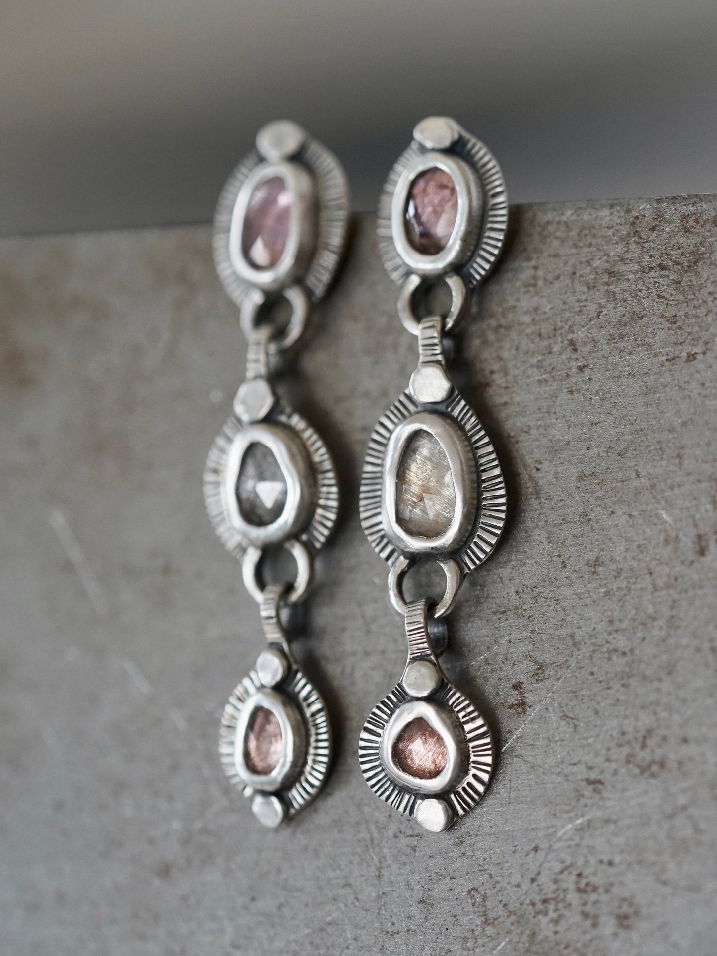 Sterling silver and spinel multistone dangly drop earrings