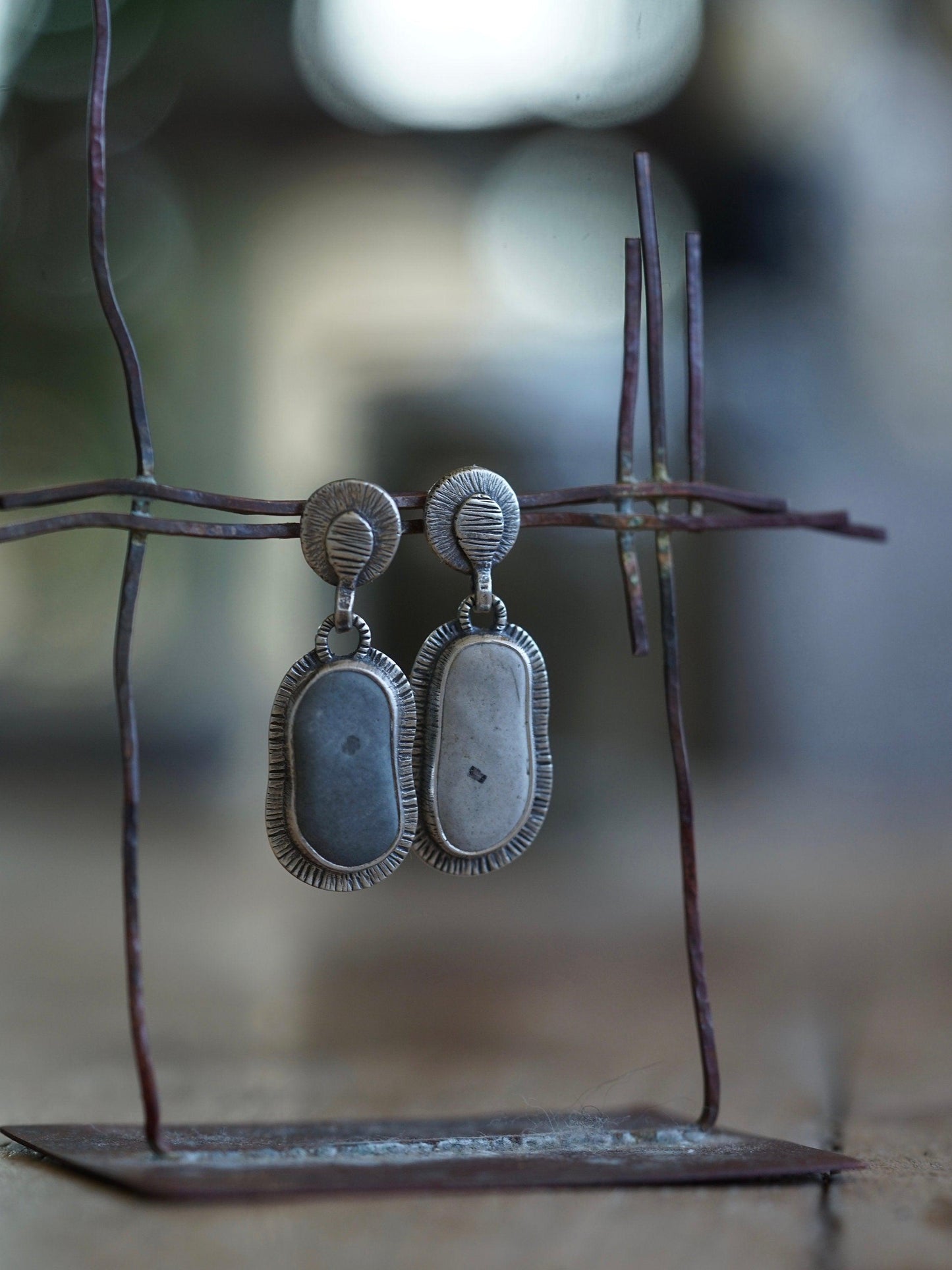 Dangly drop sterling silver and beach pebble earrings