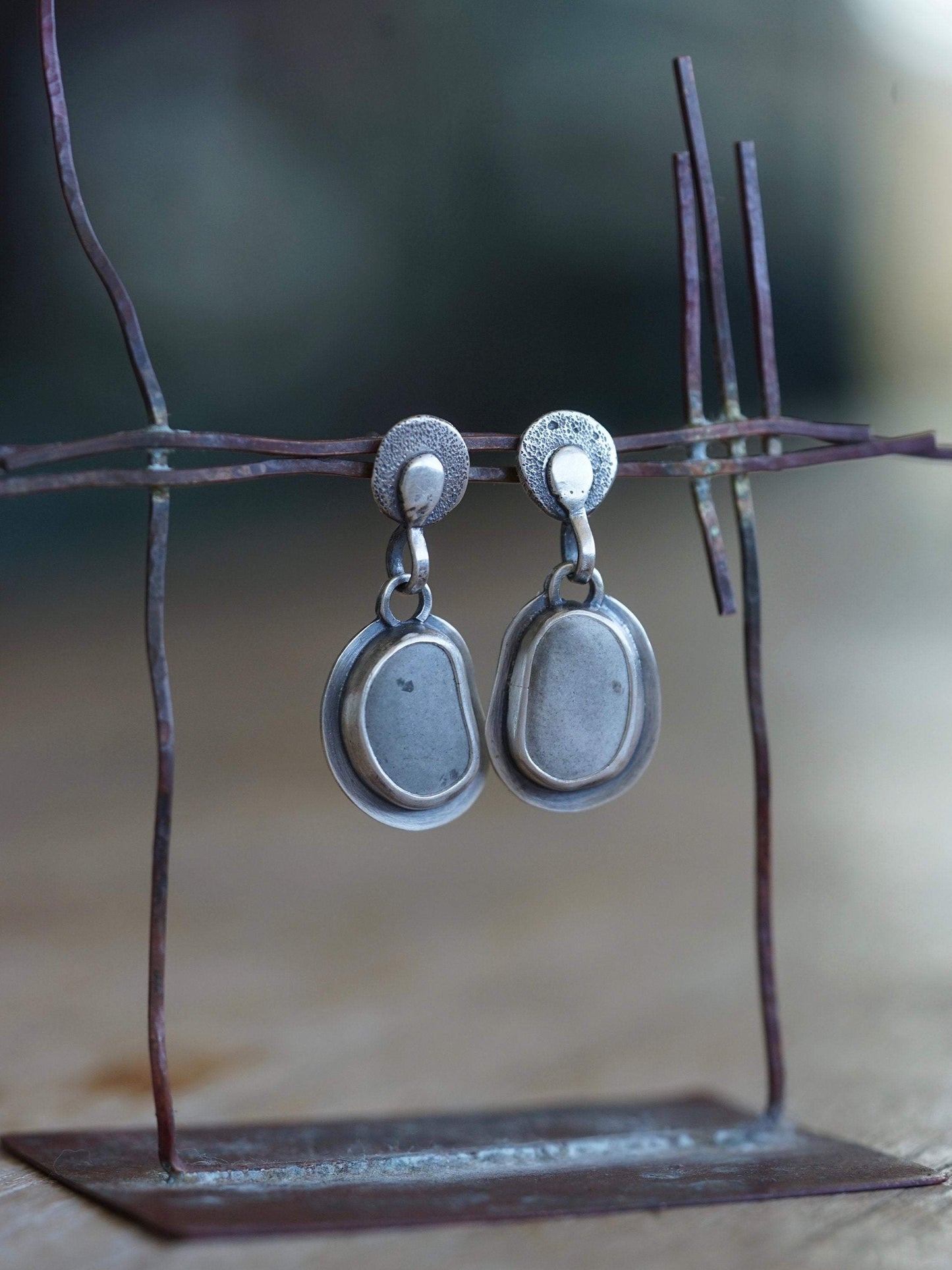 Dangly drop sterling silver and beach pebble earrings