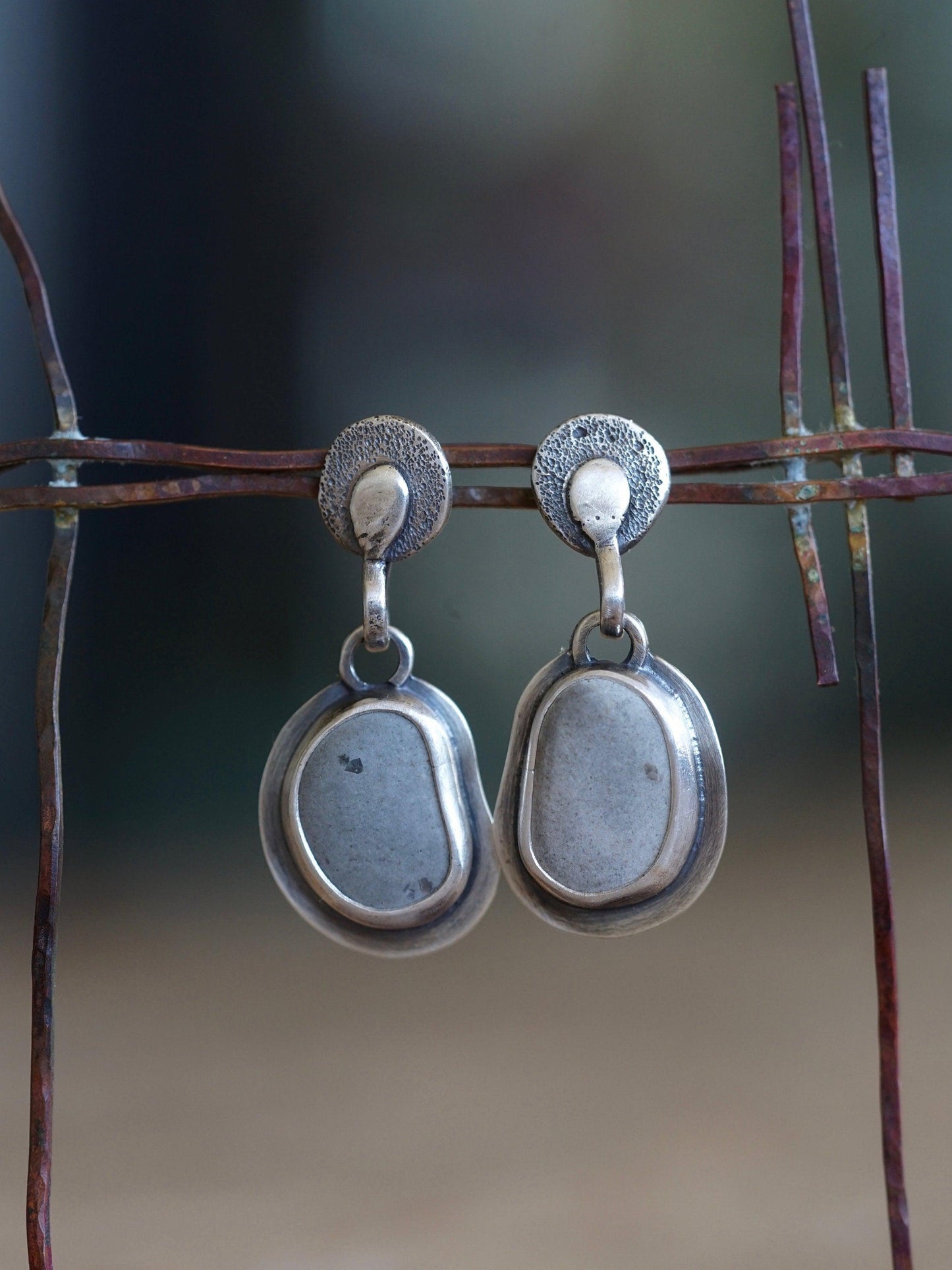 Dangly drop sterling silver and beach pebble earrings