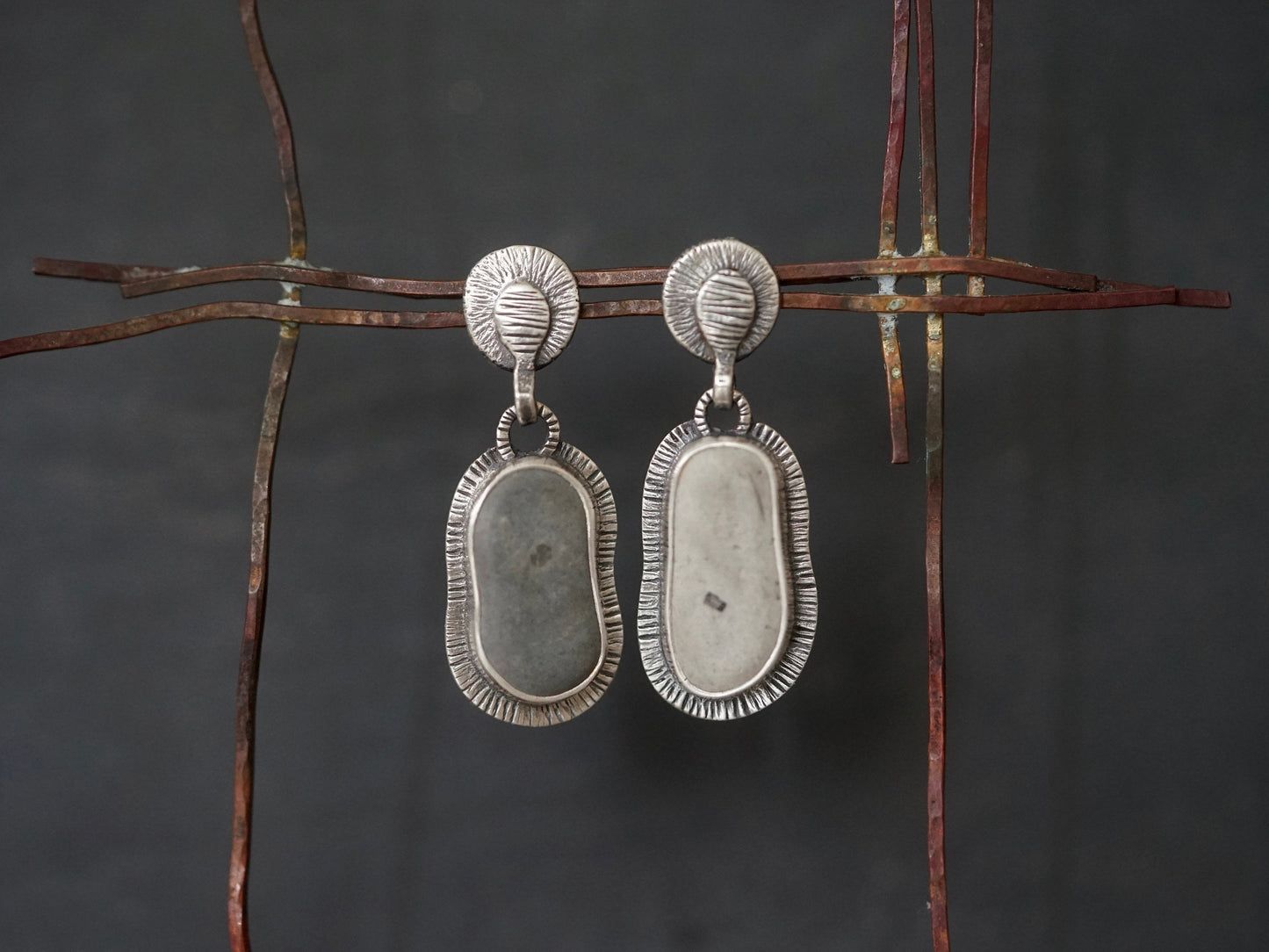 Dangly drop sterling silver and beach pebble earrings