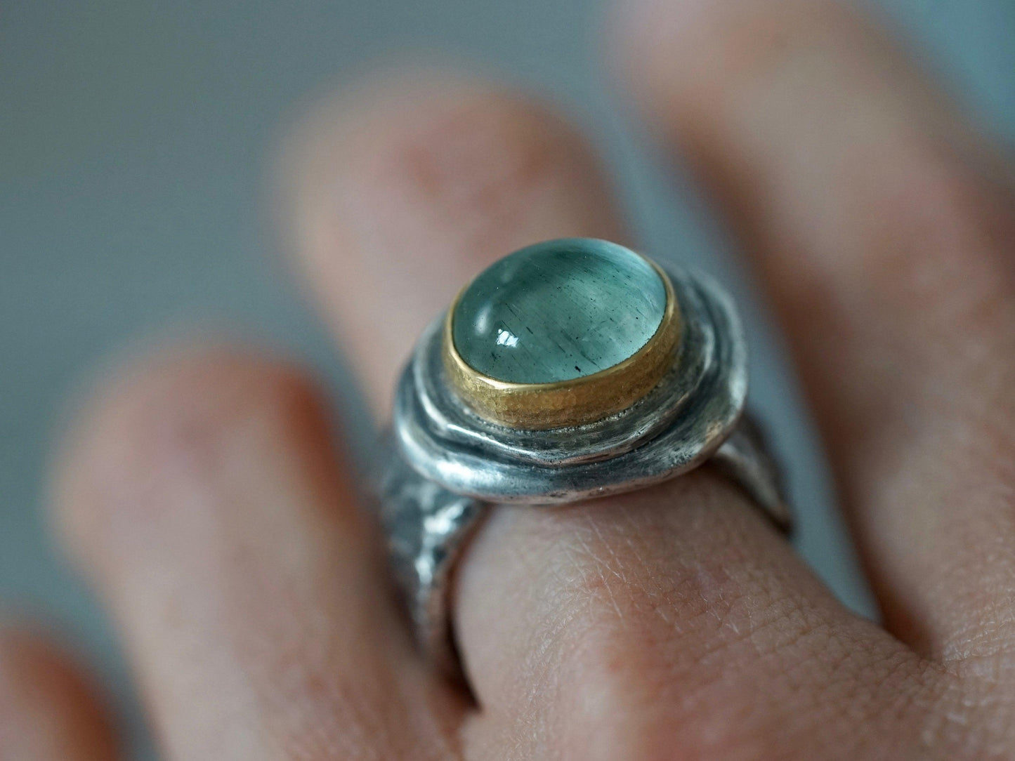 Aquamarine statement ring, 22k gold setting, size 7.25