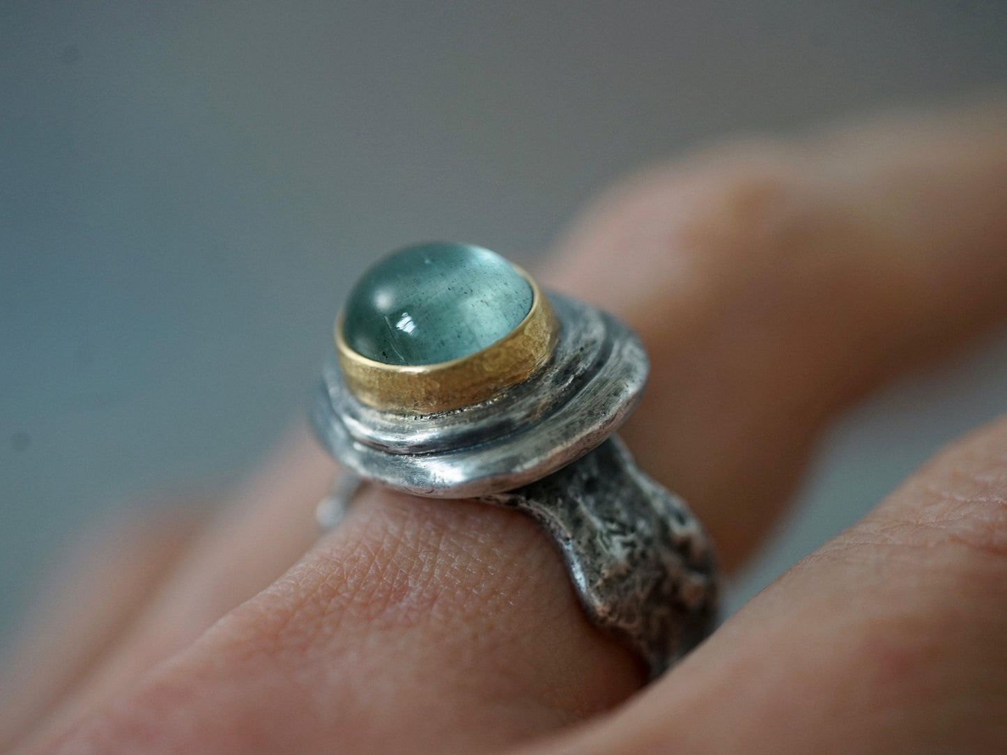 Aquamarine statement ring, 22k gold setting, size 7.25