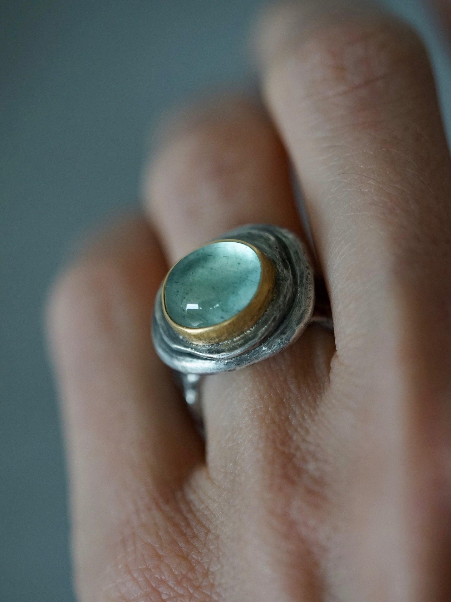 Aquamarine statement ring, 22k gold setting, size 7.25