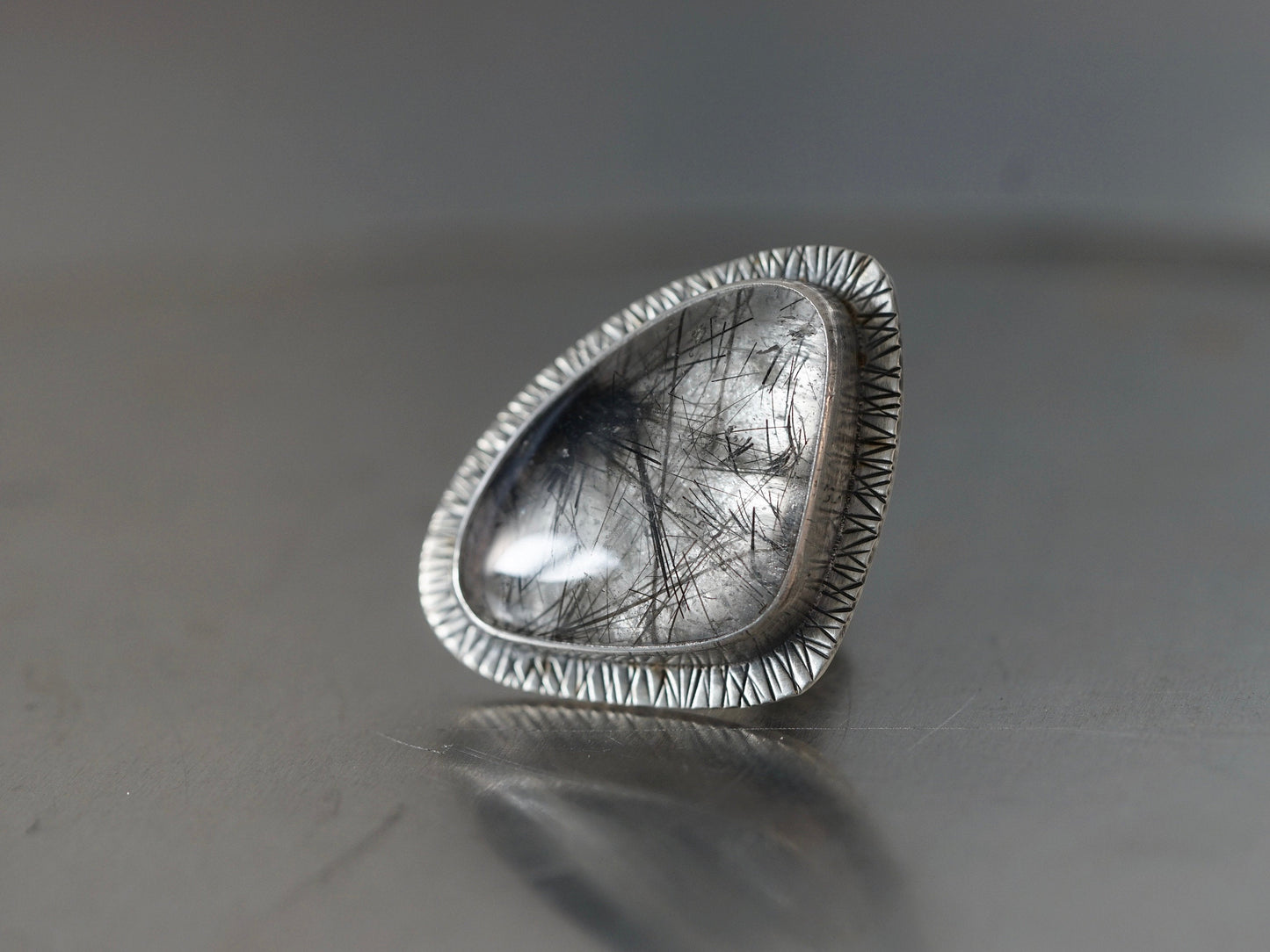 Huge tourmalinated quartz and sterling silver statement ring, size 7.75