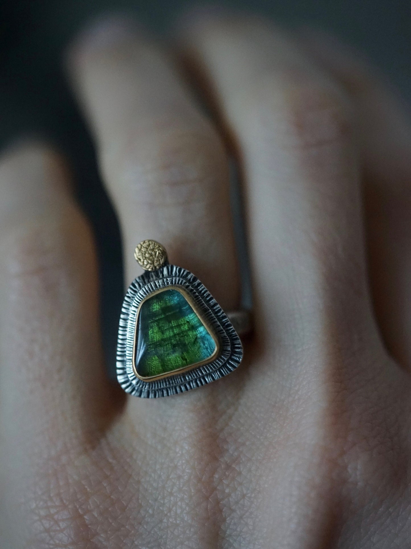 Stunning deep green tourmaline  and 22k gold statement ring, size 6.5