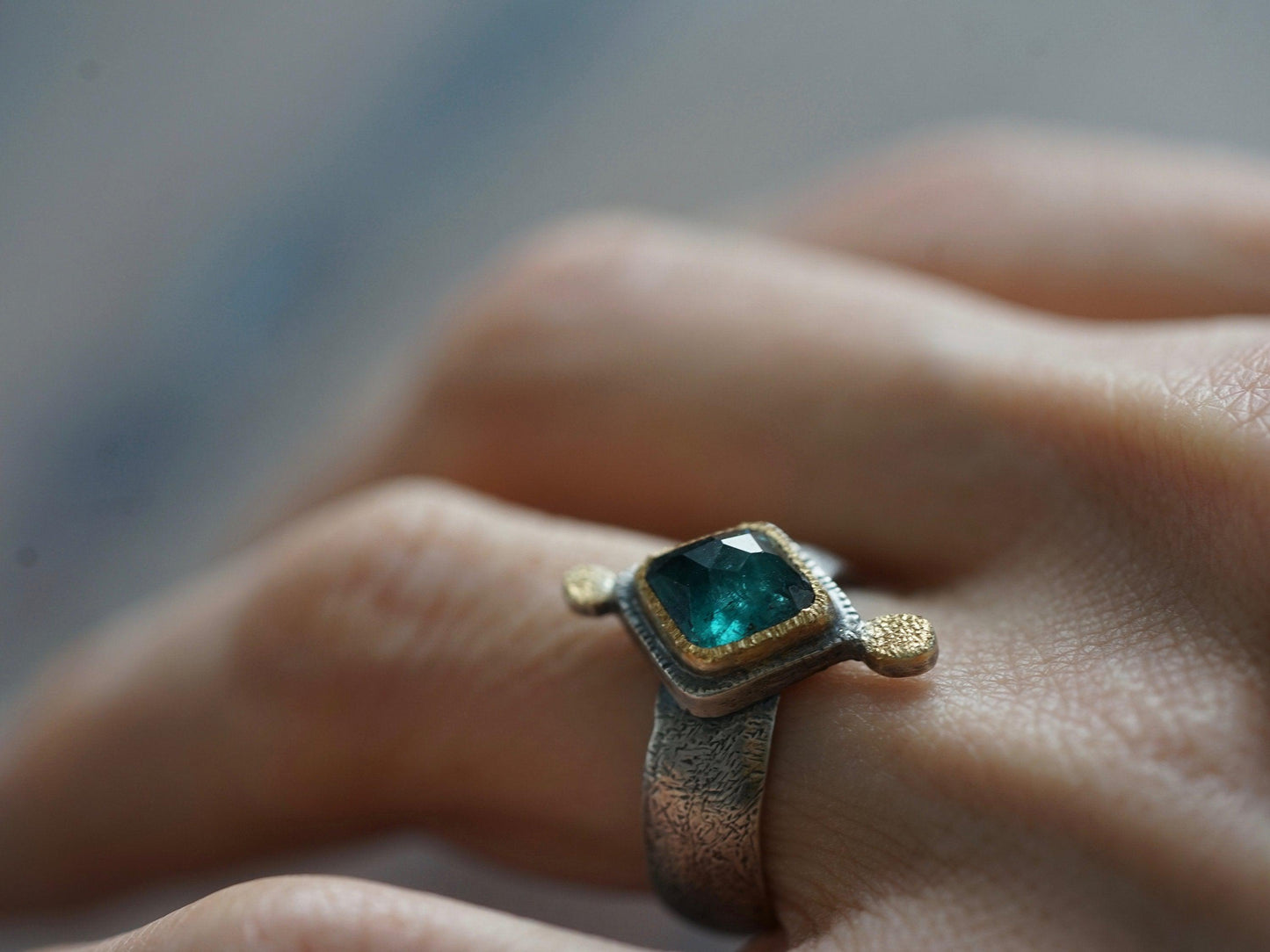 Teal blue, faceted tourmaline and 22k gold statement ring, size 6