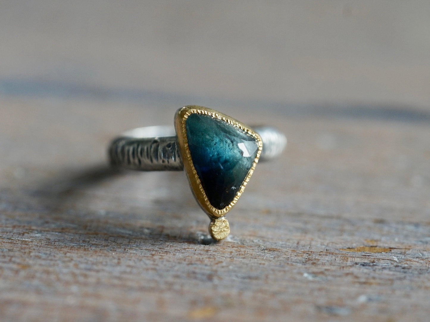 Dark blue tourmaline  and 22k gold statement ring, size 6.25