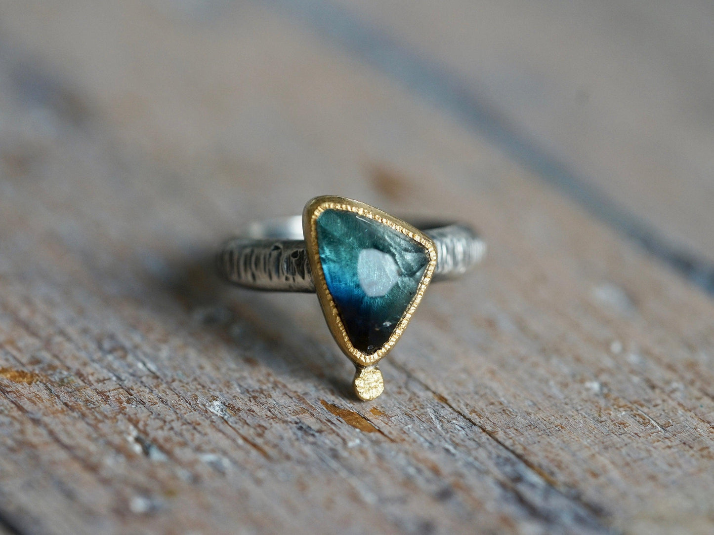 Dark blue tourmaline  and 22k gold statement ring, size 6.25