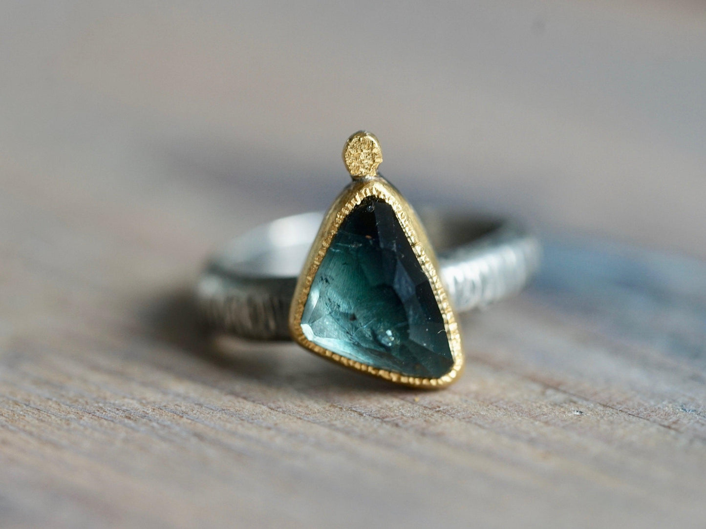 Dark blue tourmaline  and 22k gold statement ring, size 6.25