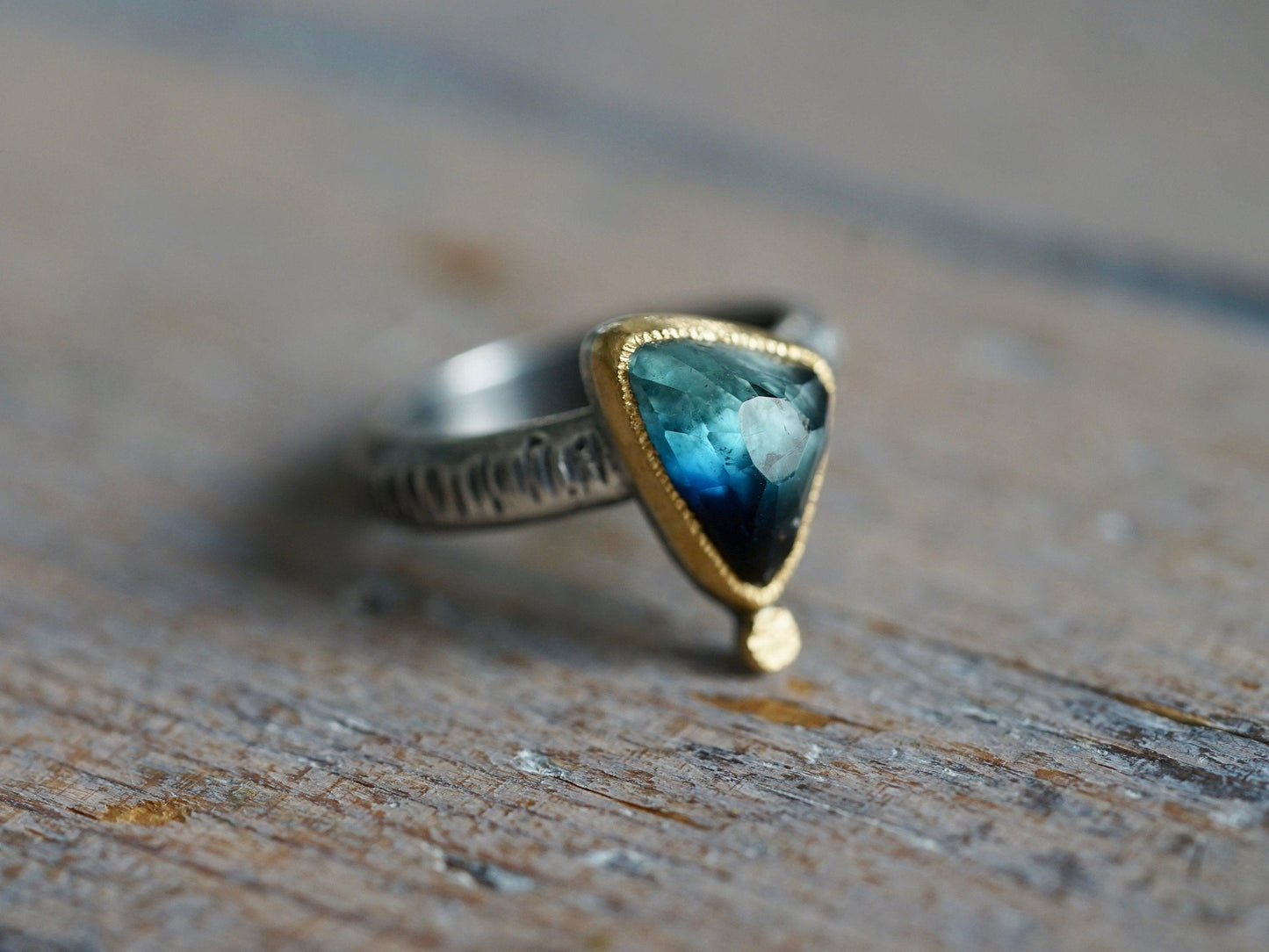 Dark blue tourmaline  and 22k gold statement ring, size 6.25