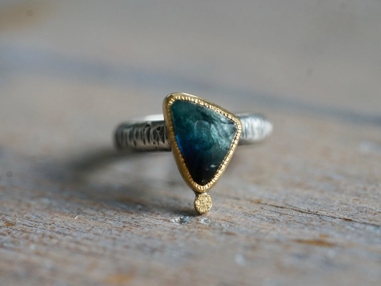 Dark blue tourmaline  and 22k gold statement ring, size 6.25