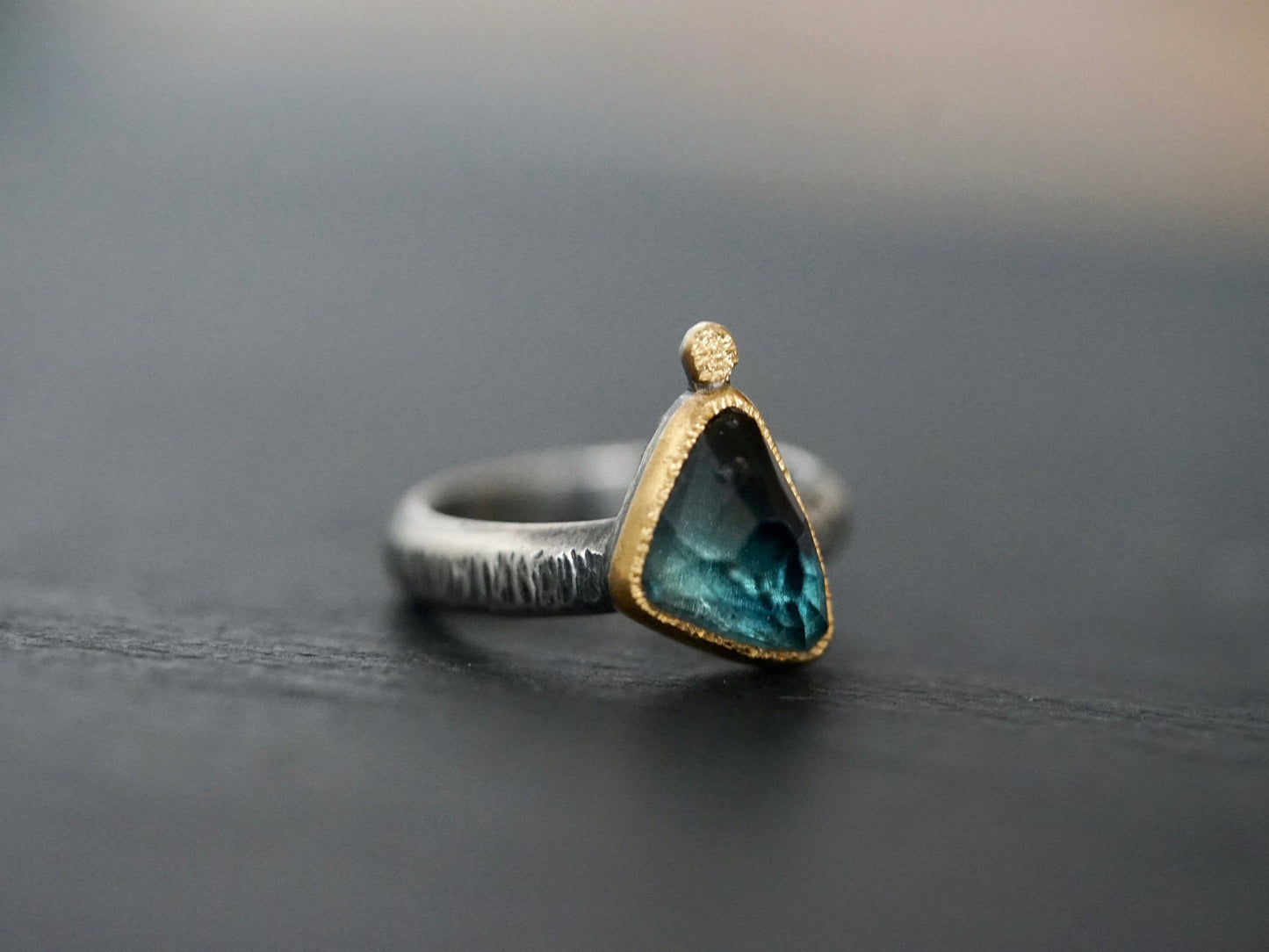 Dark blue tourmaline  and 22k gold statement ring, size 6.25