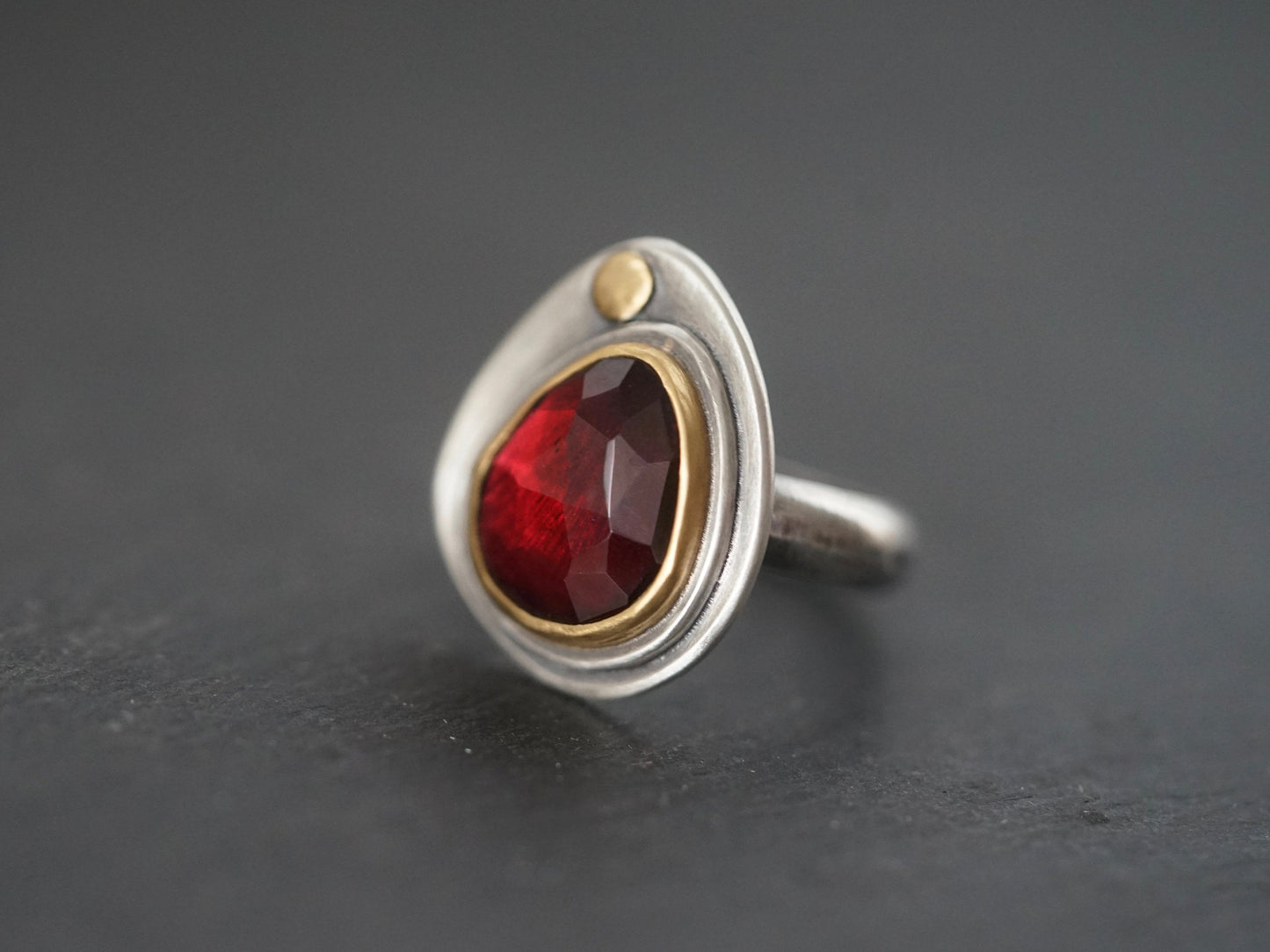 RESERVED for Caroline, deep red rose cut garnet  and 22k gold statement ring, handmade jewellery, exquisite ring, size 6.25, organic jewelry
