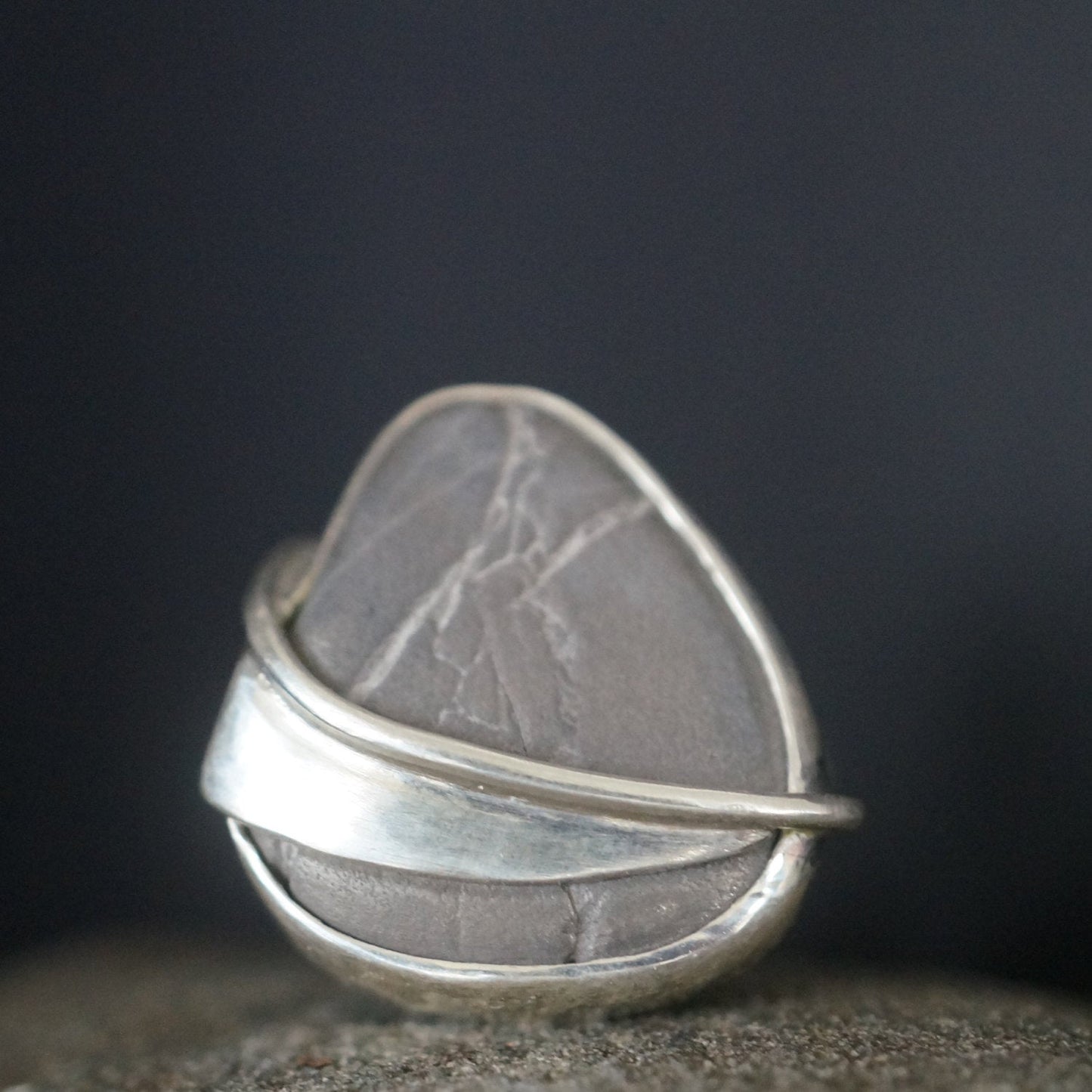 Sterling silver and beach pebble ring, size 8