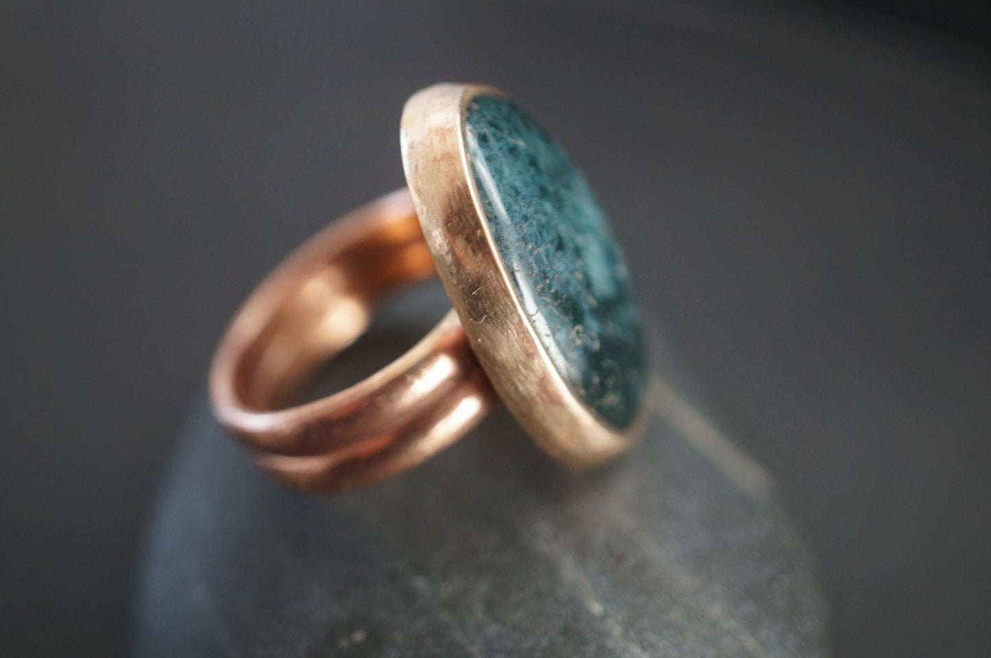 Bronze and moss agate ring, size 6.5