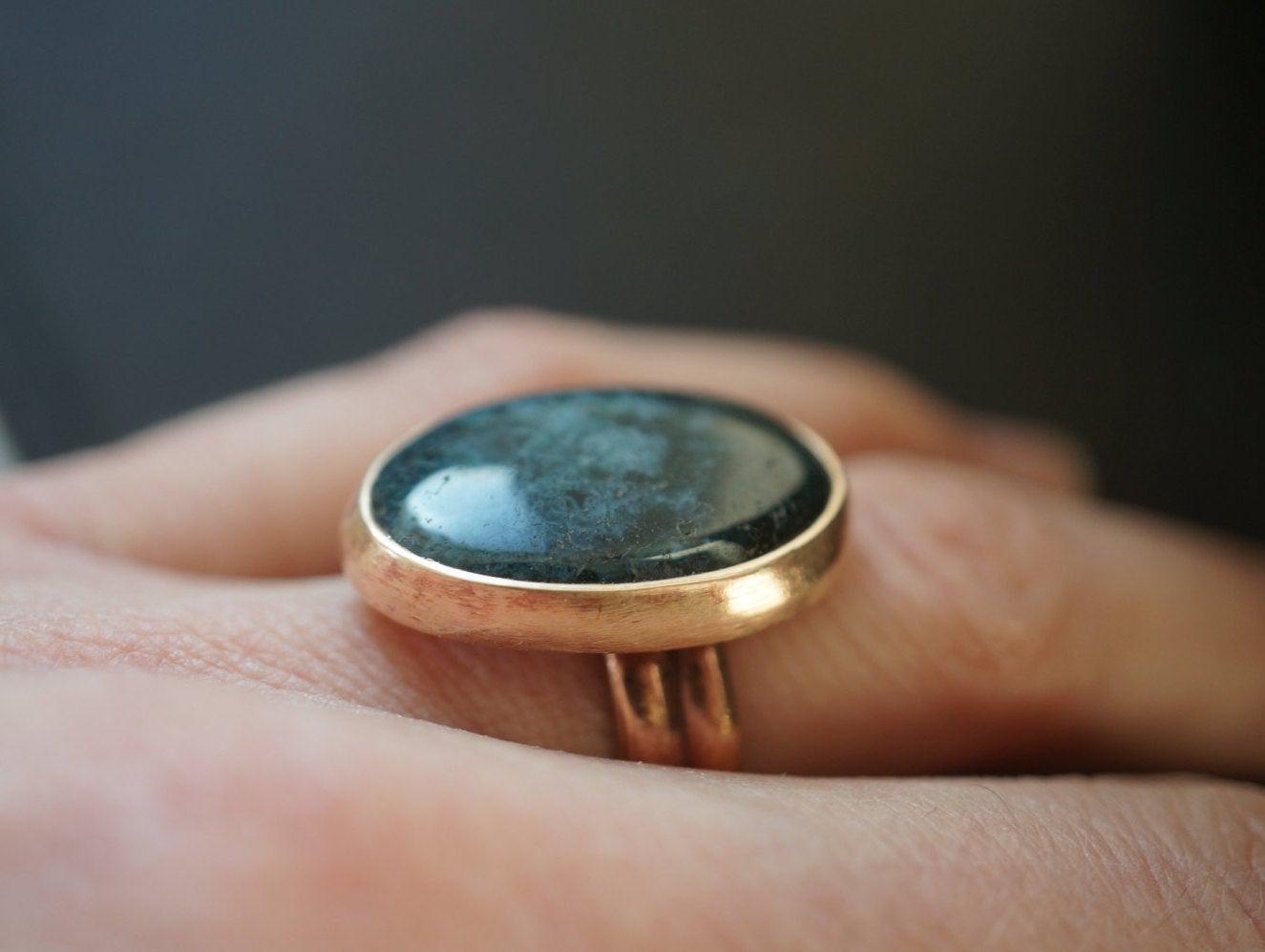 Bronze and moss agate ring, size 6.5