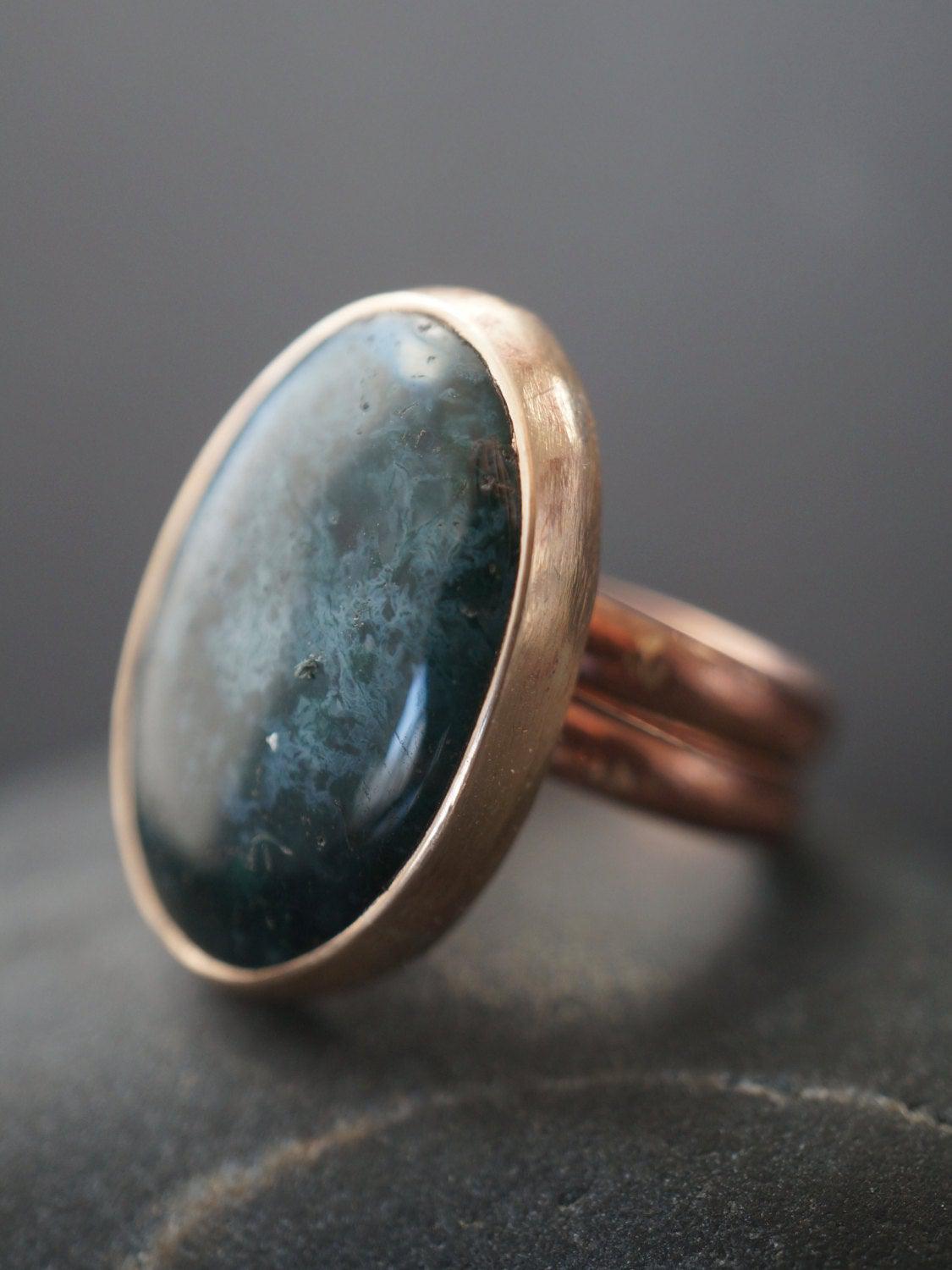 Bronze and moss agate ring, size 6.5
