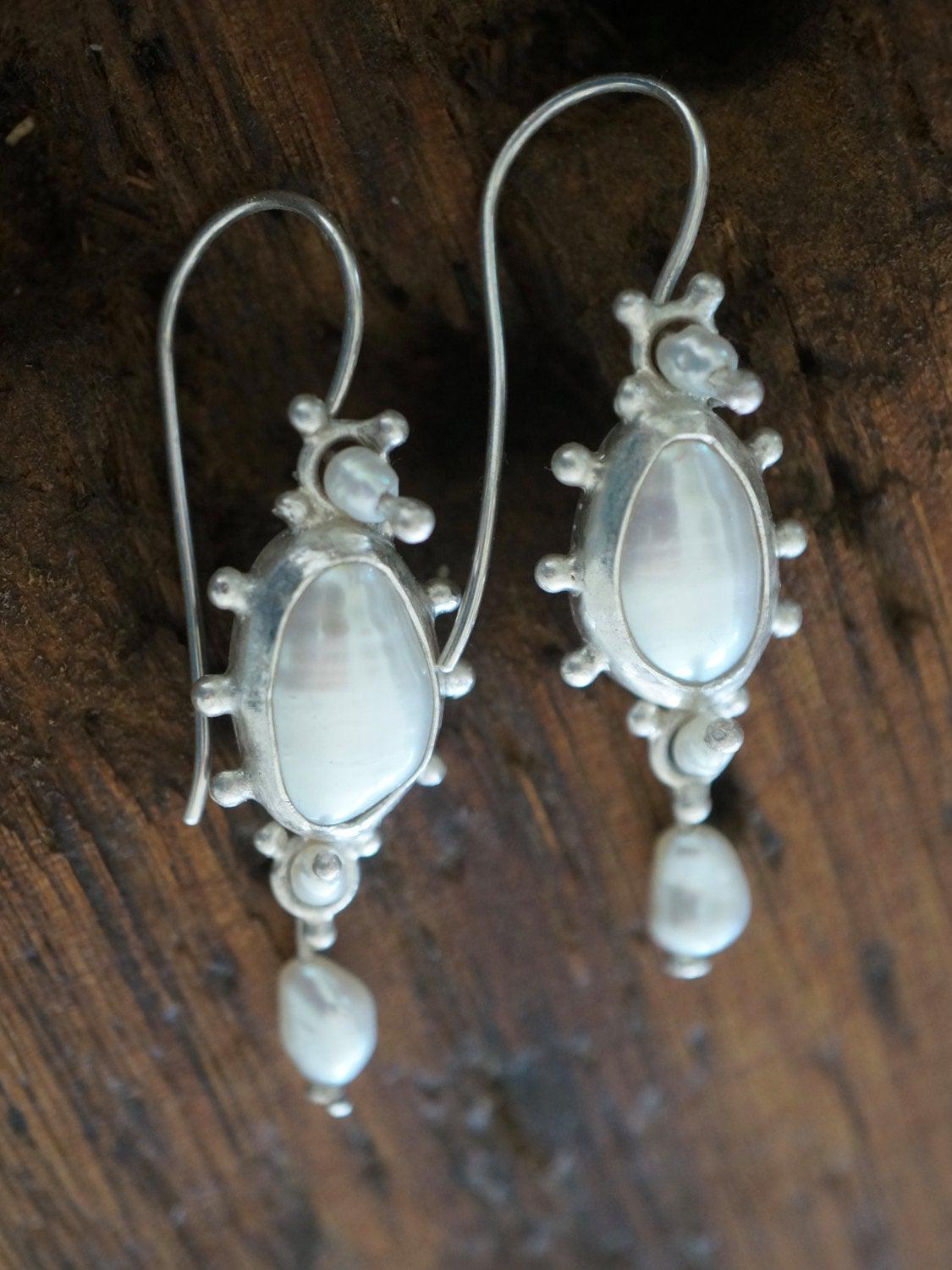 Dangly sterling silver and  freshwater pearl earrings