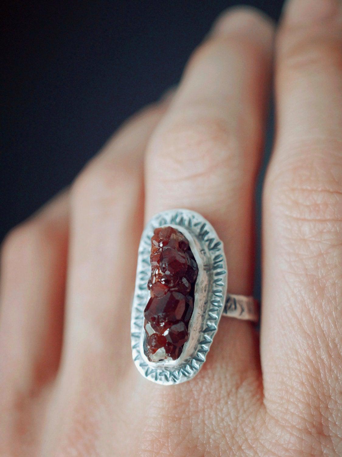 Rough garnet and sterling silver ring, size 7.25